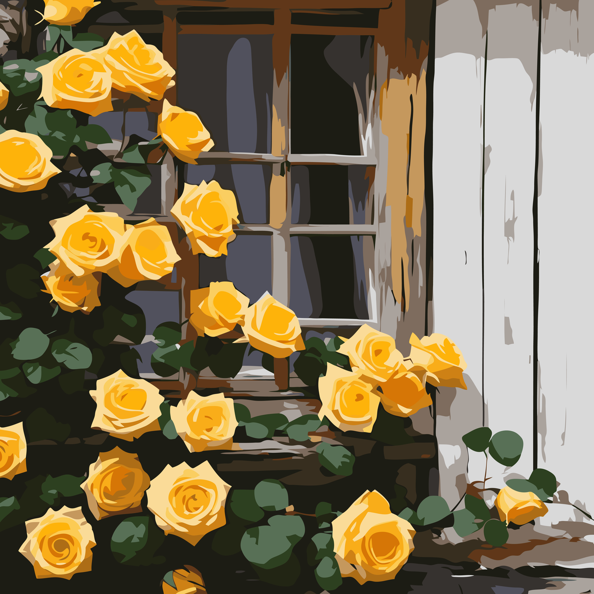 Golden Roses by a Rustic Window original diamond painting artwork