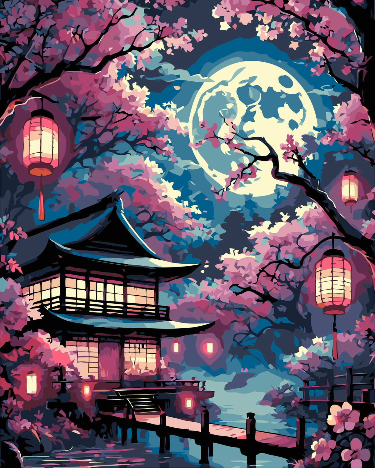 Moonlit Japanese Blossom Garden original diamond painting artwork
