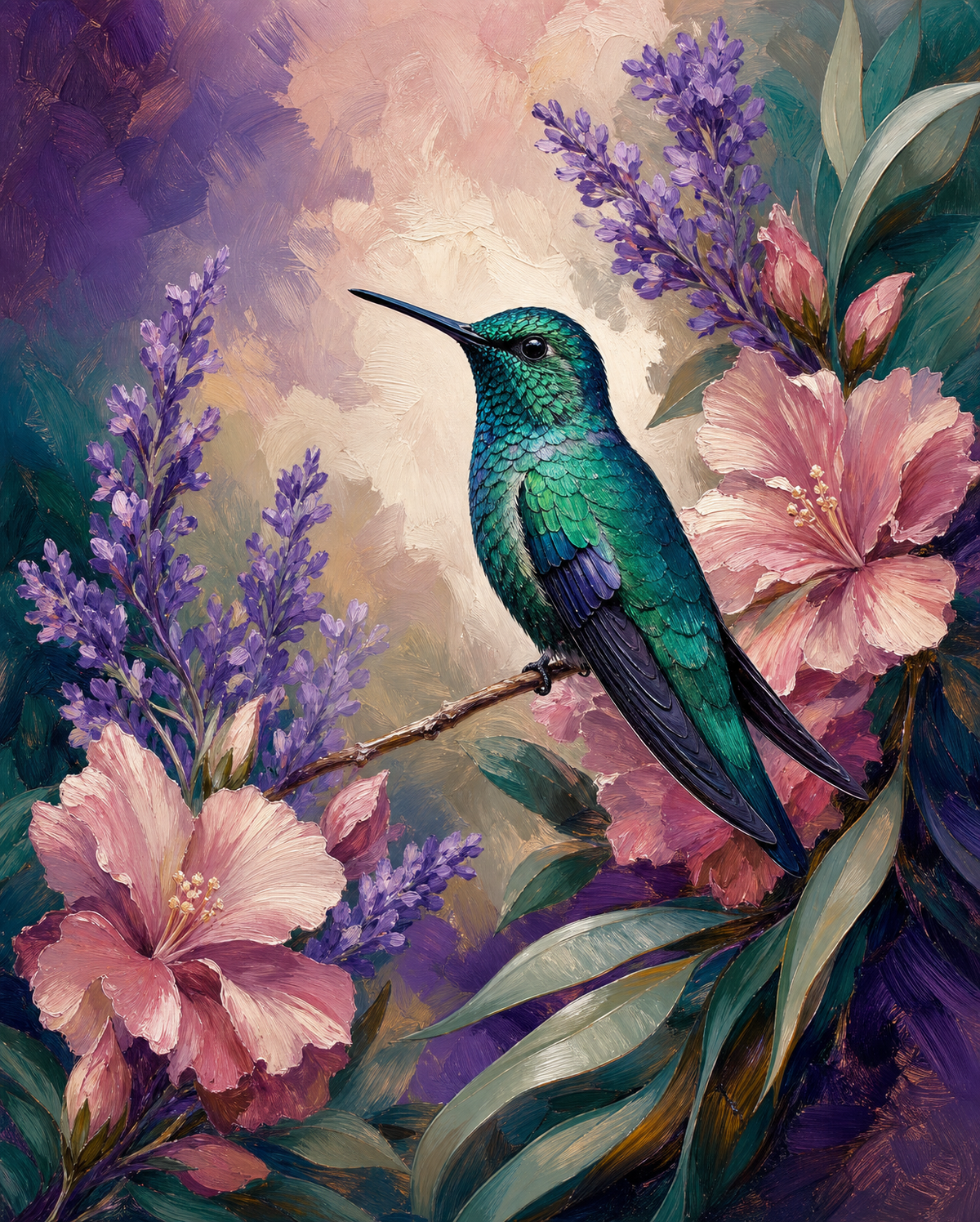Emerald Hummingbird in Bloom original diamond painting artwork