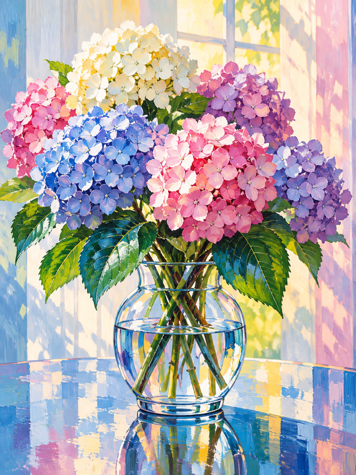 Colorful Hydrangea Bouquet in Glass Vase original diamond painting artwork