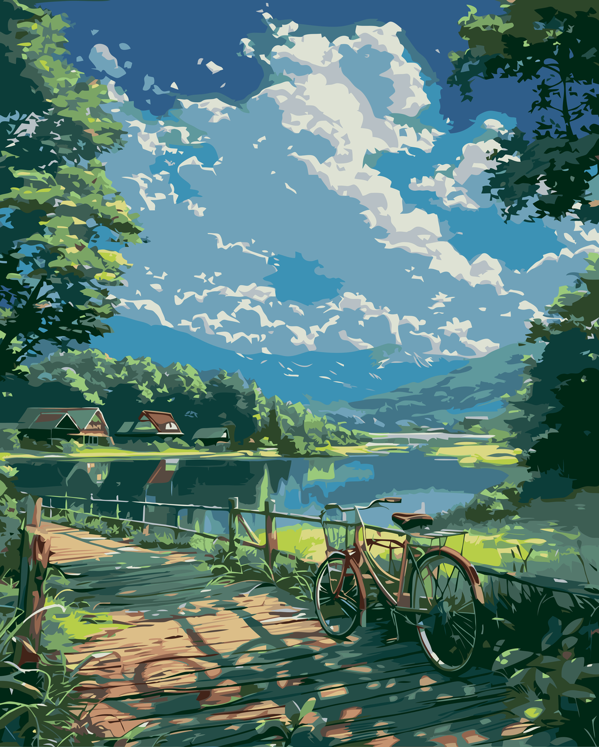 Bicycle by the Mountain Lake original diamond painting artwork