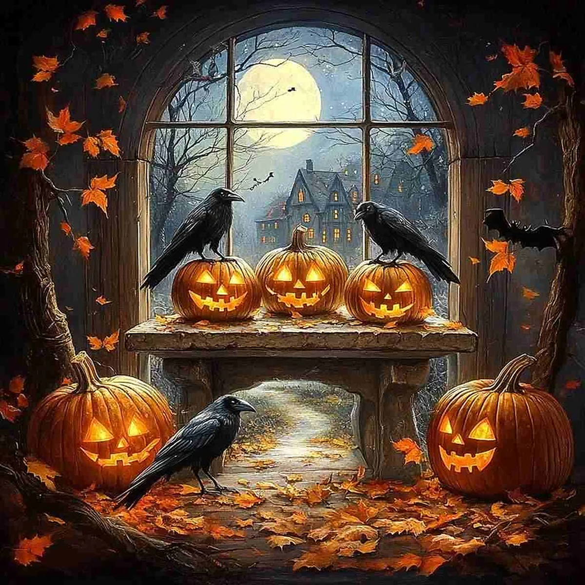 Moonlit Halloween Pumpkin Window original diamond painting artwork