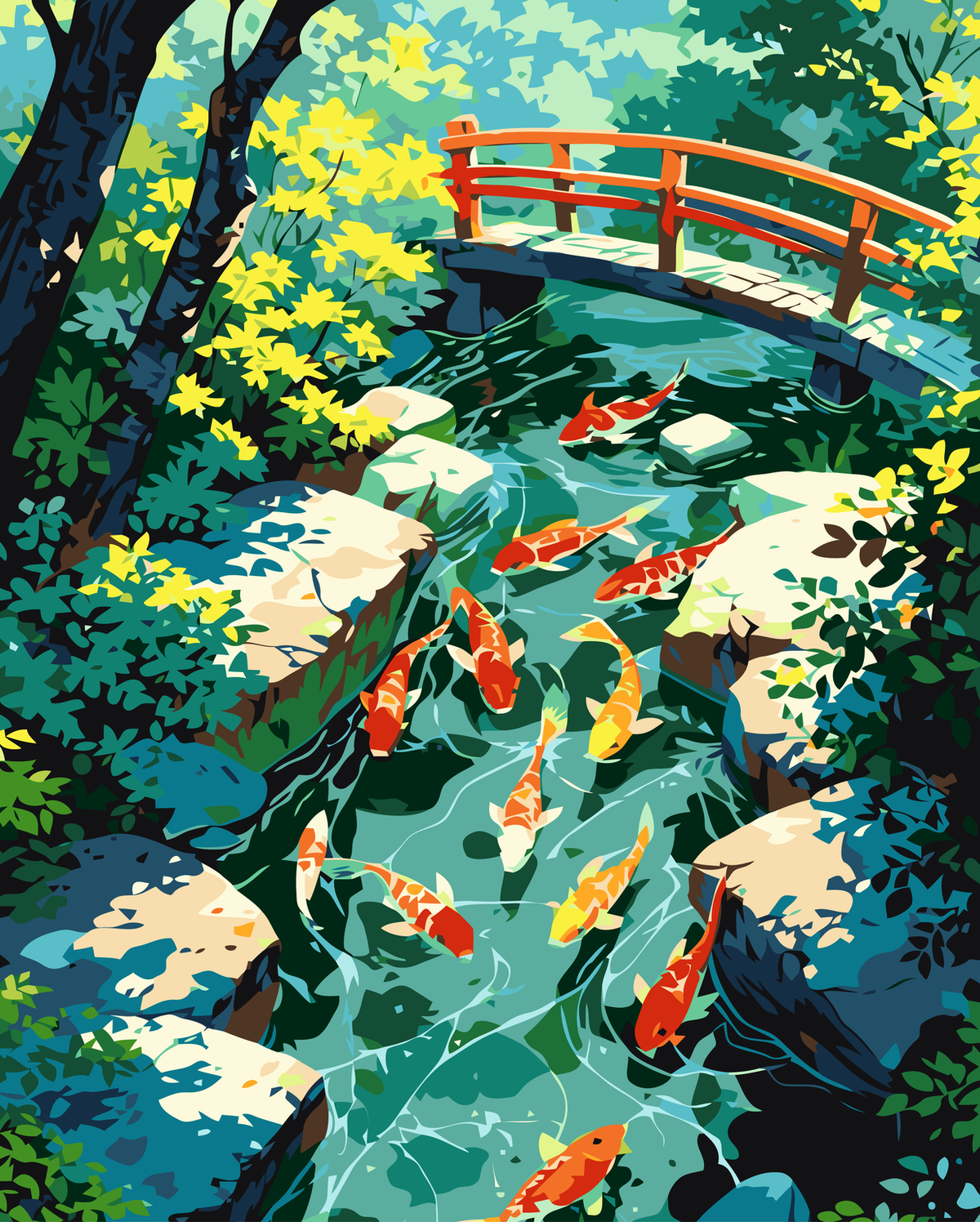 Koi Pond Garden with Arched Bridge original diamond painting artwork