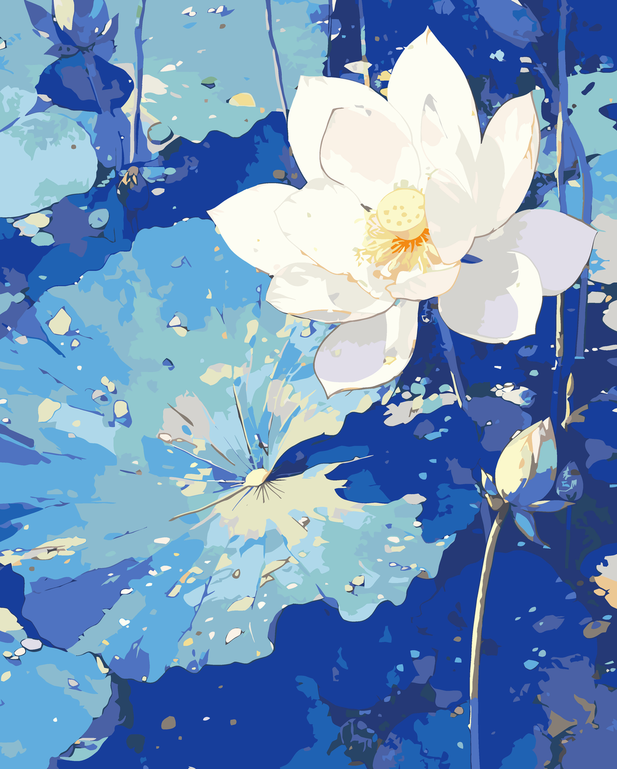 White Lotus in a Blue Garden original diamond painting artwork