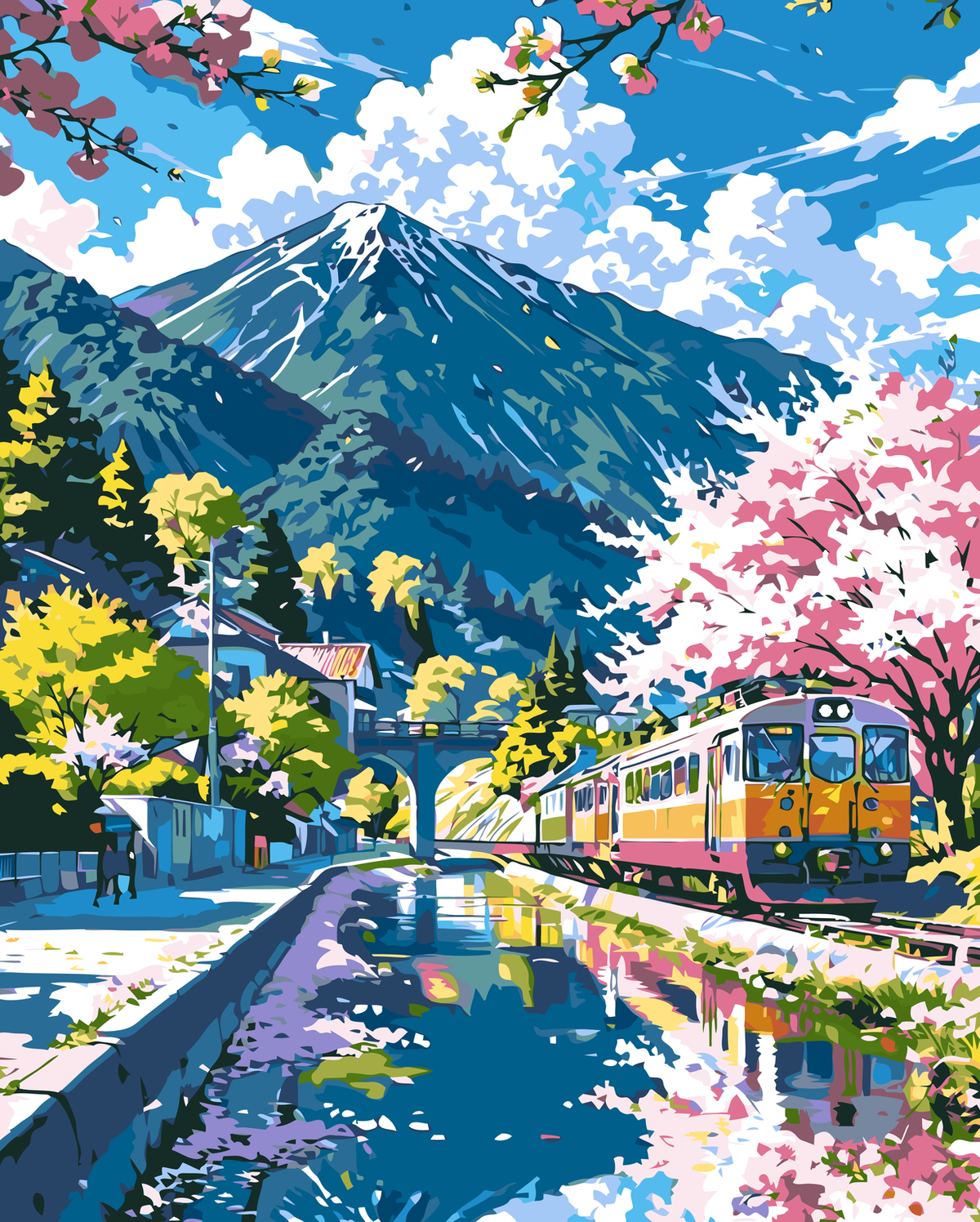 Mountain Train Through Spring Blossoms original diamond painting artwork
