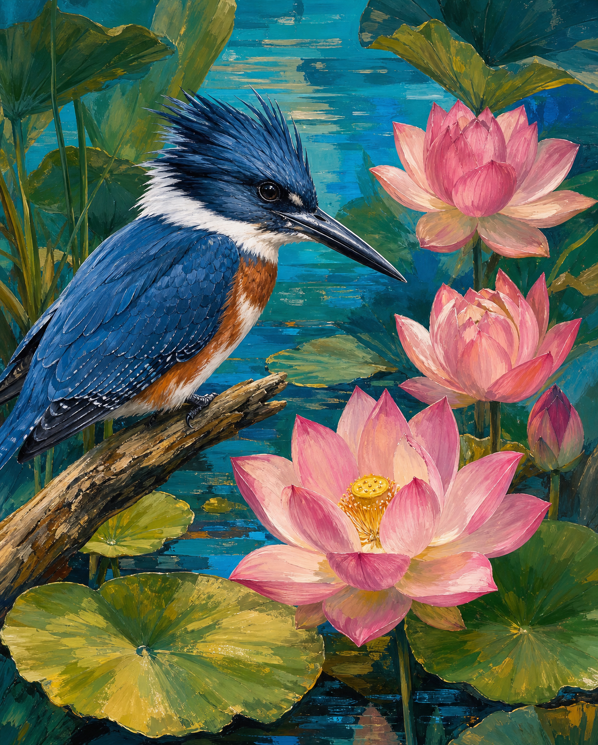 Kingfisher Among Pink Lotus original diamond painting artwork