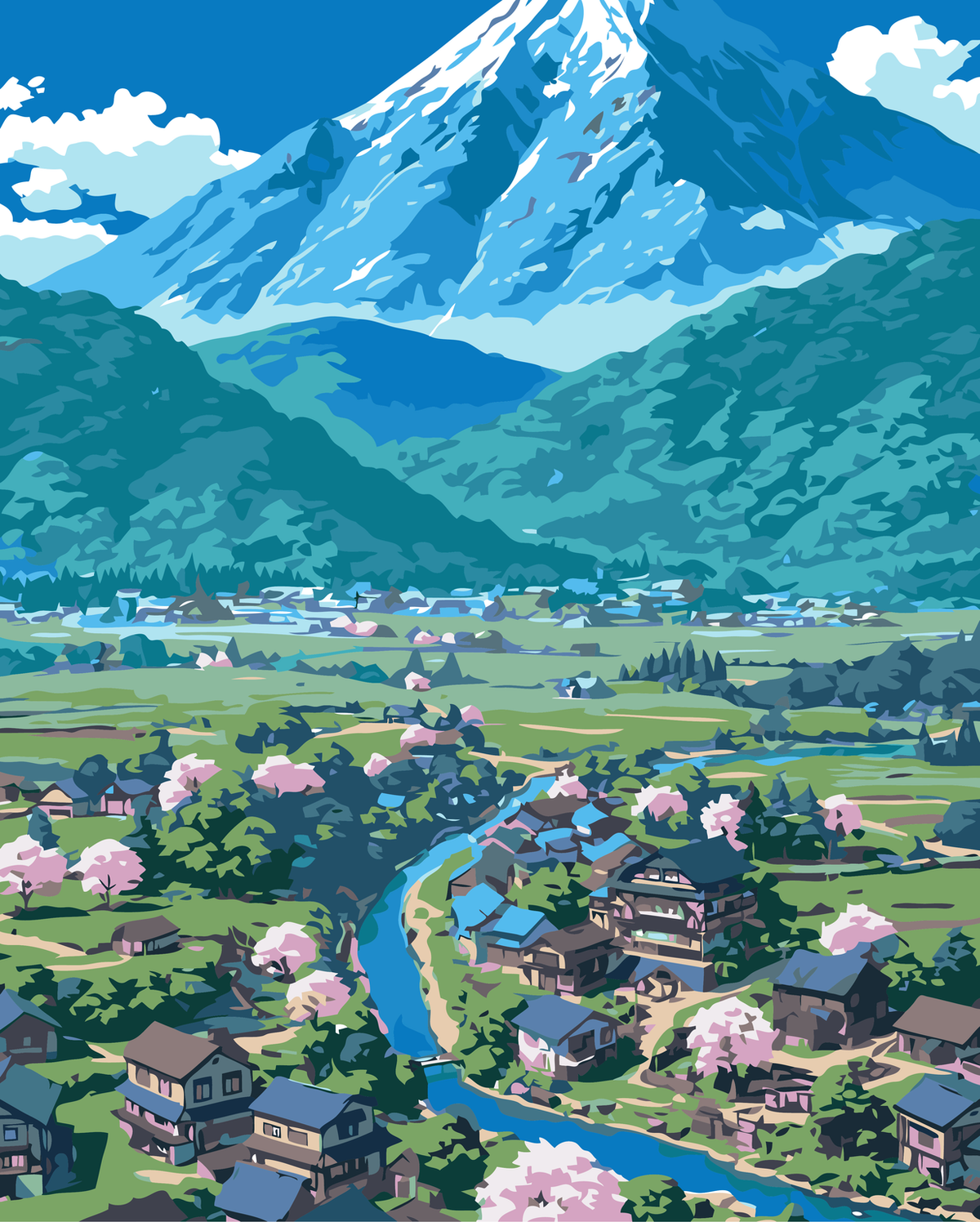 Alpine Village Beneath Snowy Peaks original diamond painting artwork