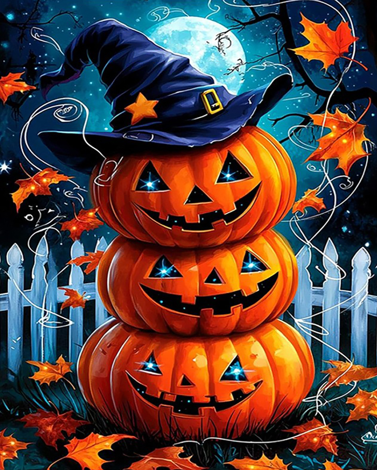 Moonlit Witch Hat Pumpkin Tower original diamond painting artwork