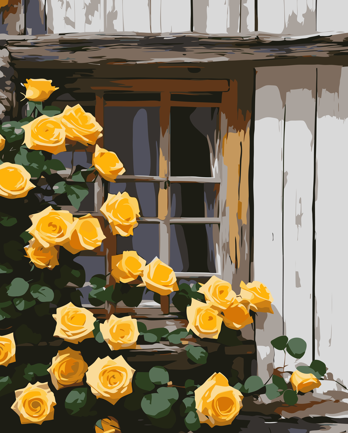 Golden Roses by a Rustic Window original diamond painting artwork