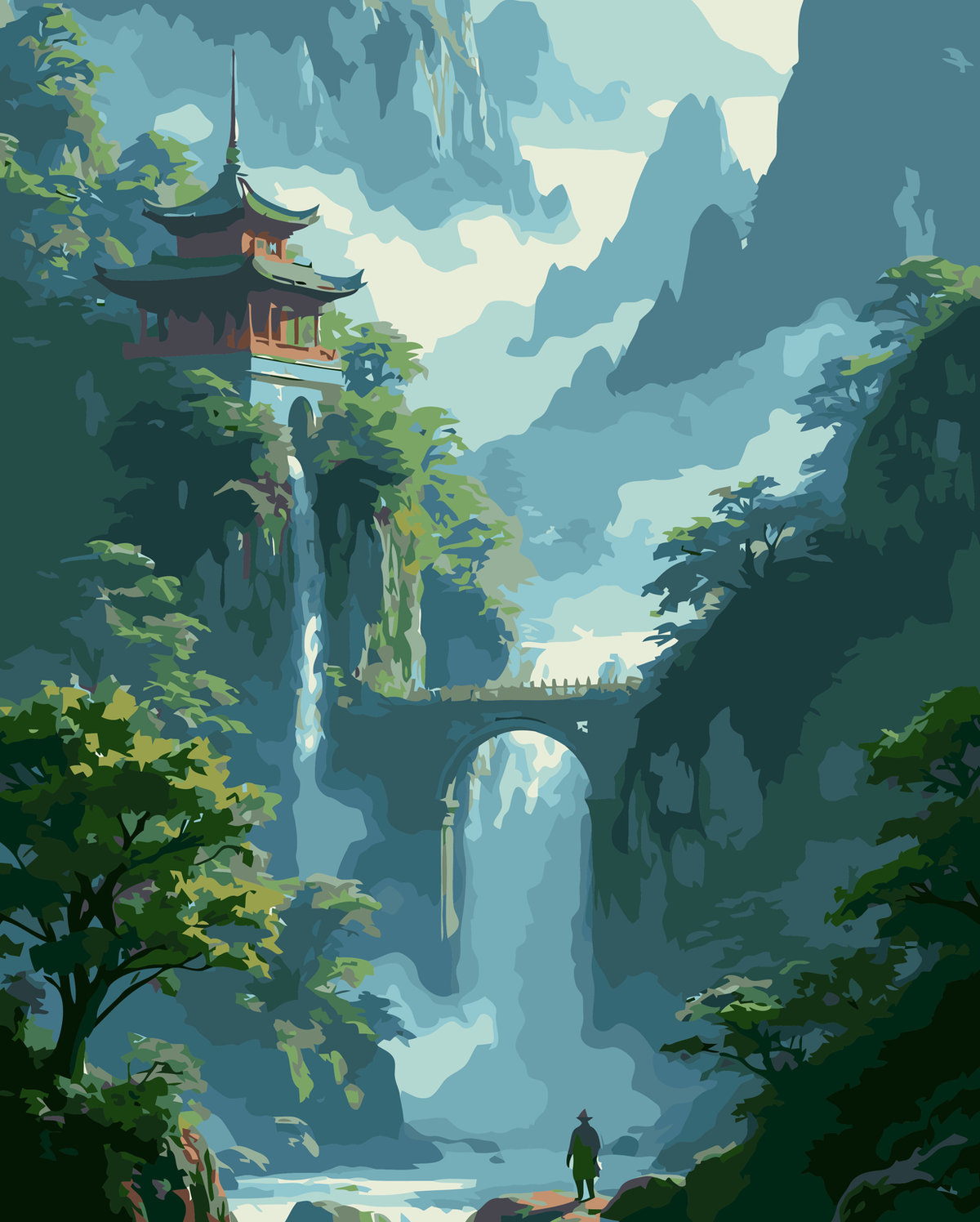 Misty Mountain Pagoda Falls original diamond painting artwork