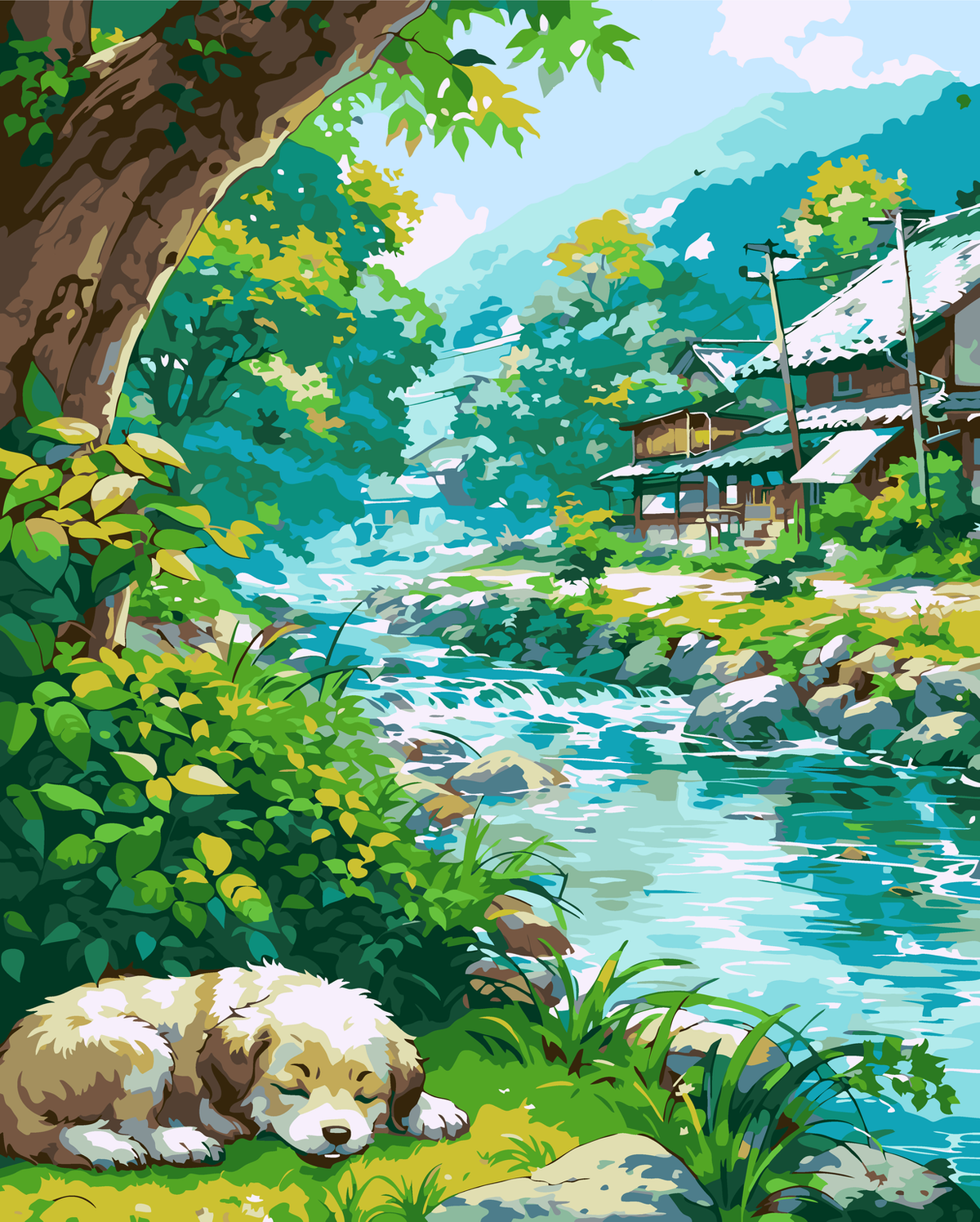 Mountain Stream Village with Resting Sheep original diamond painting artwork