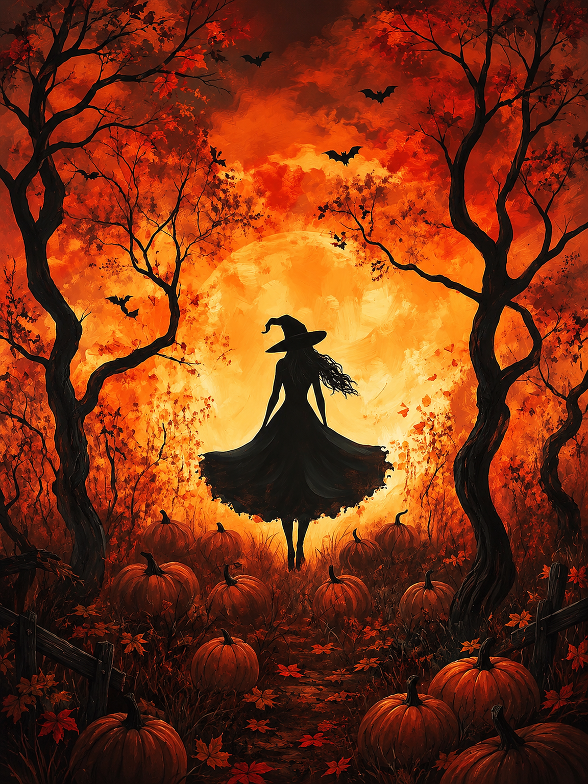 Witch in the Pumpkin Forest original diamond painting artwork