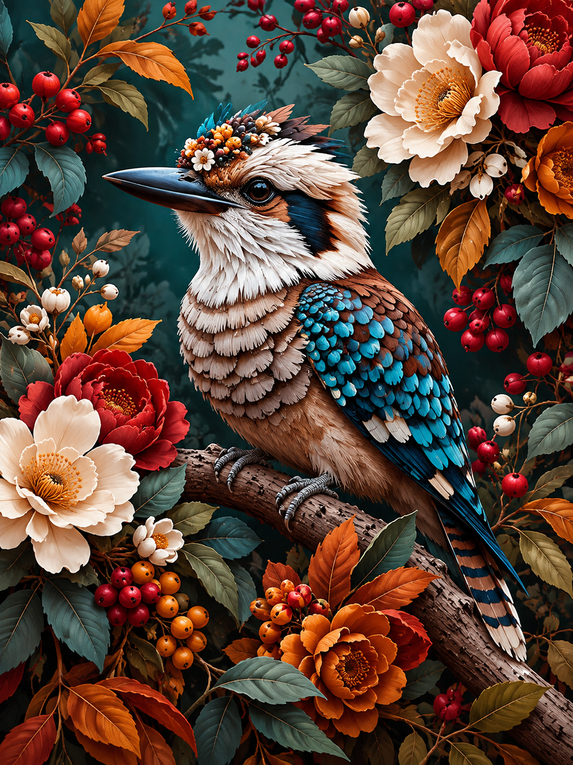 Crested Bird Among Autumn Blooms original diamond painting artwork