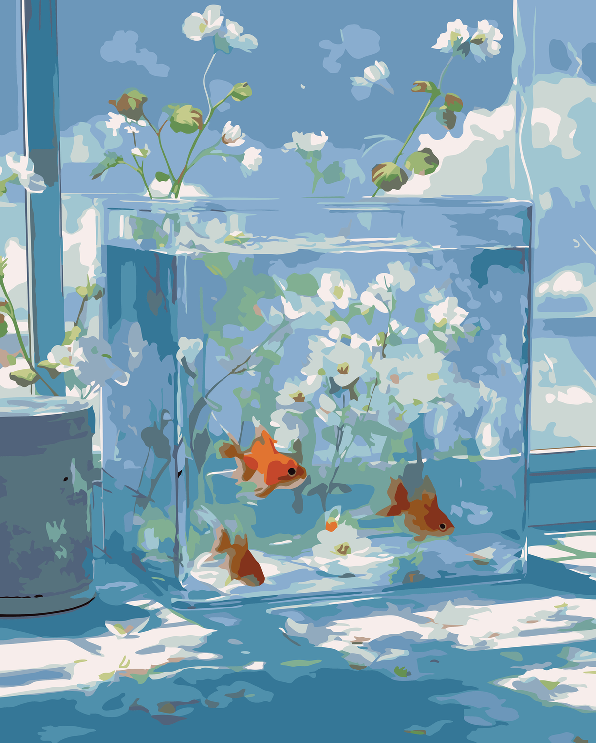 Koi Fish in a Blue Water Garden original diamond painting artwork