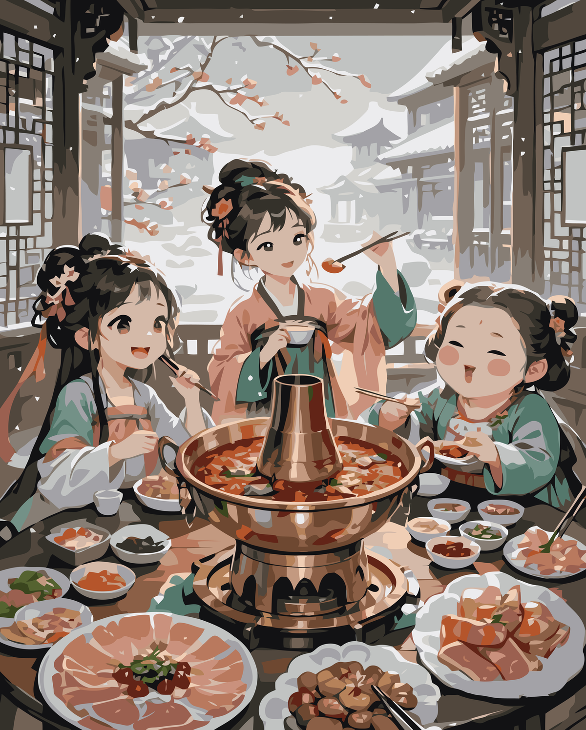 Winter Street Hot Pot Gathering original diamond painting artwork