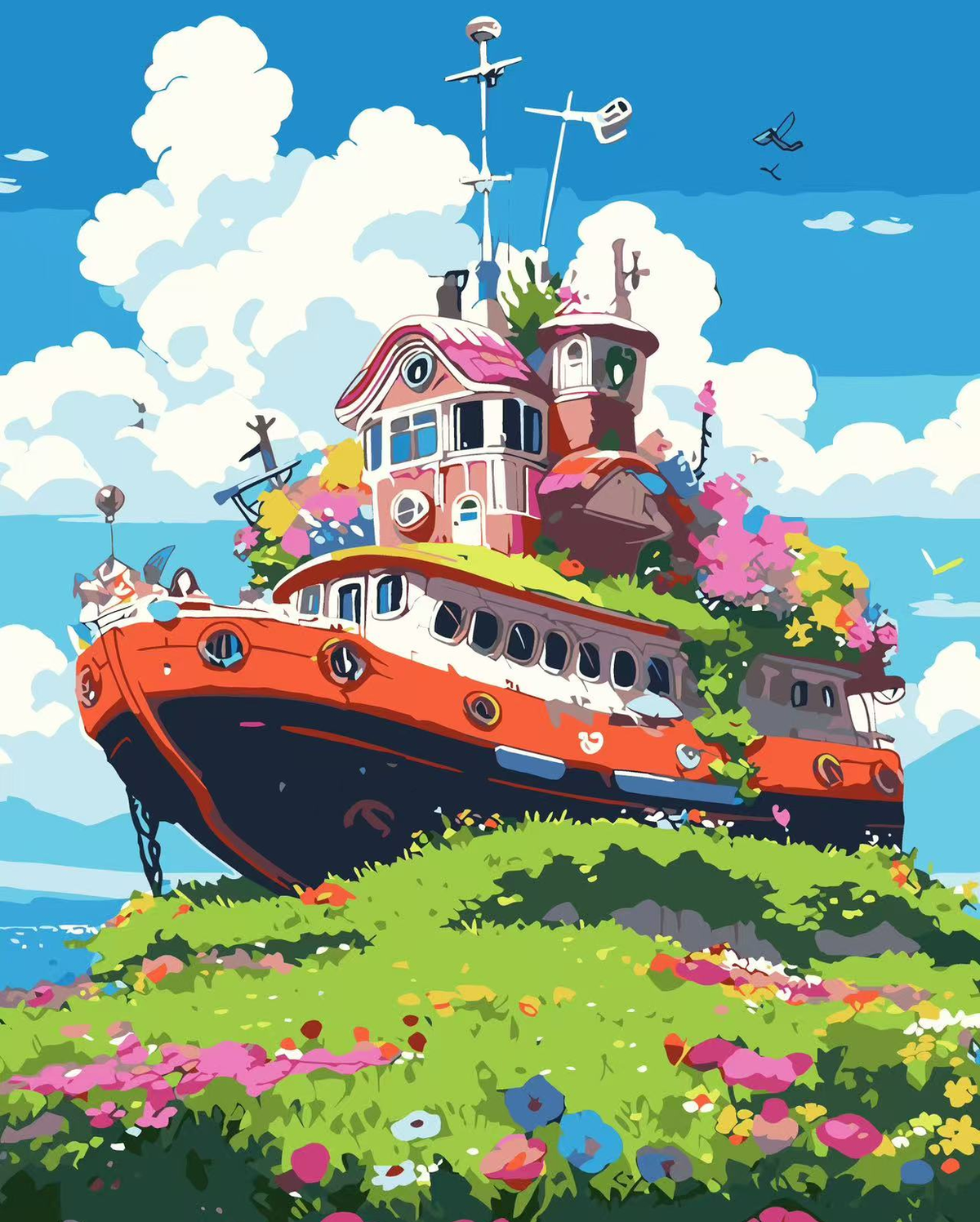 Whimsical Houseboat in Bloom original diamond painting artwork