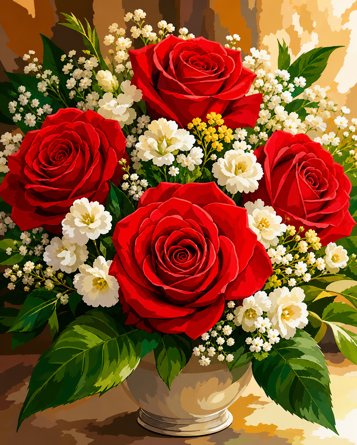 Red Roses & White Flowers original diamond painting artwork