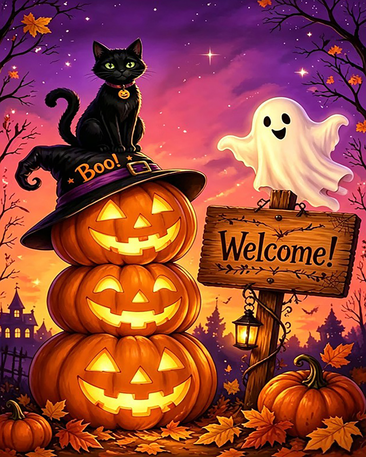 Halloween Cat and Ghost Pumpkin Welcome original diamond painting artwork