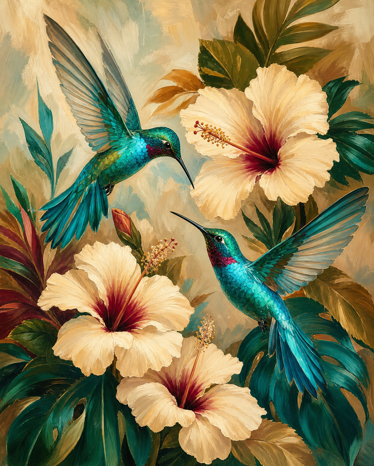 Turquoise Hummingbird Hibiscus original diamond painting artwork