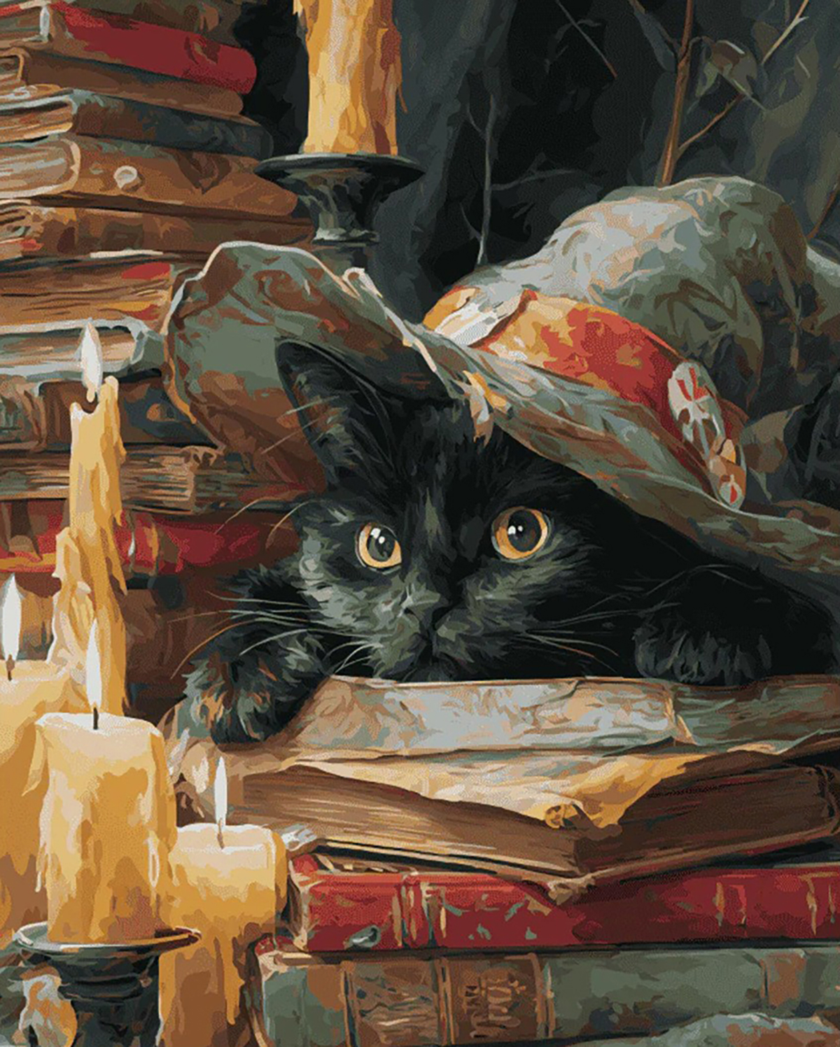 Black Cat Among Books and Candles original diamond painting artwork