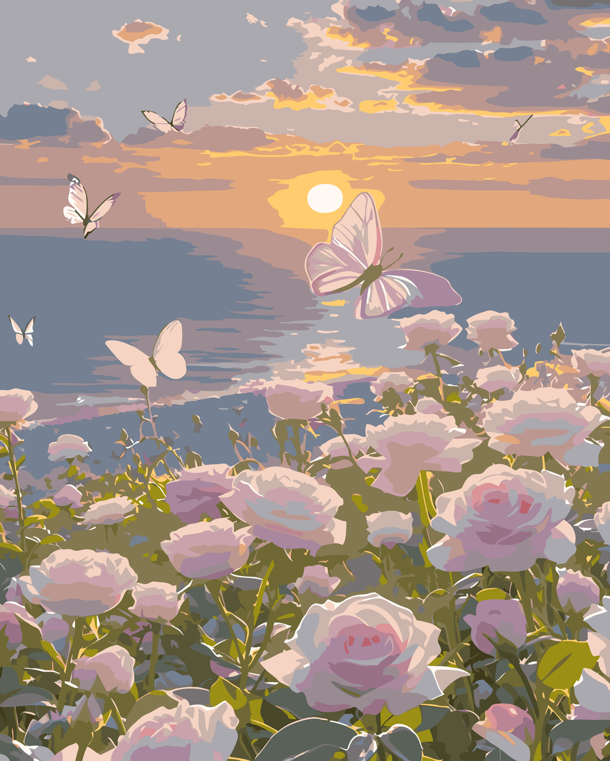Butterflies Over a Sunset Rose Garden original diamond painting artwork