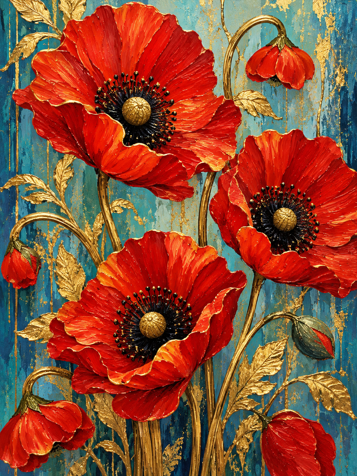 Ornate Red Poppy Garden original diamond painting artwork
