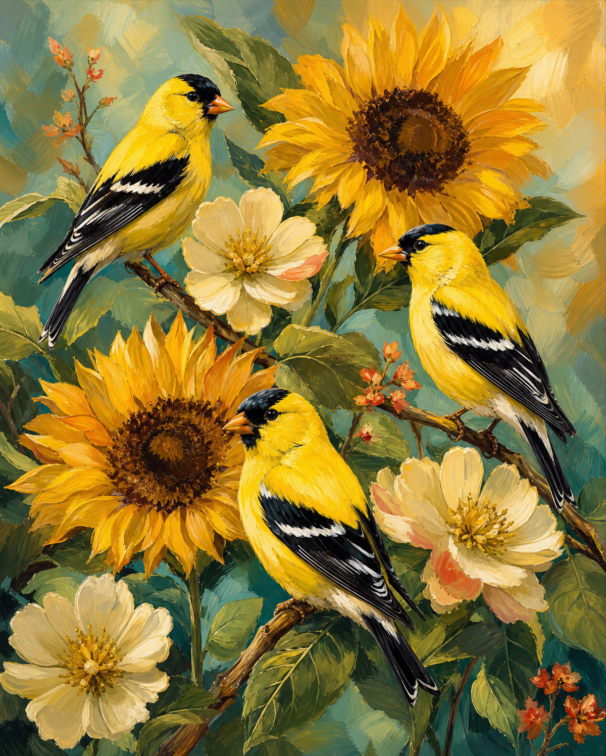 Goldfinches Among Sunflowers original diamond painting artwork