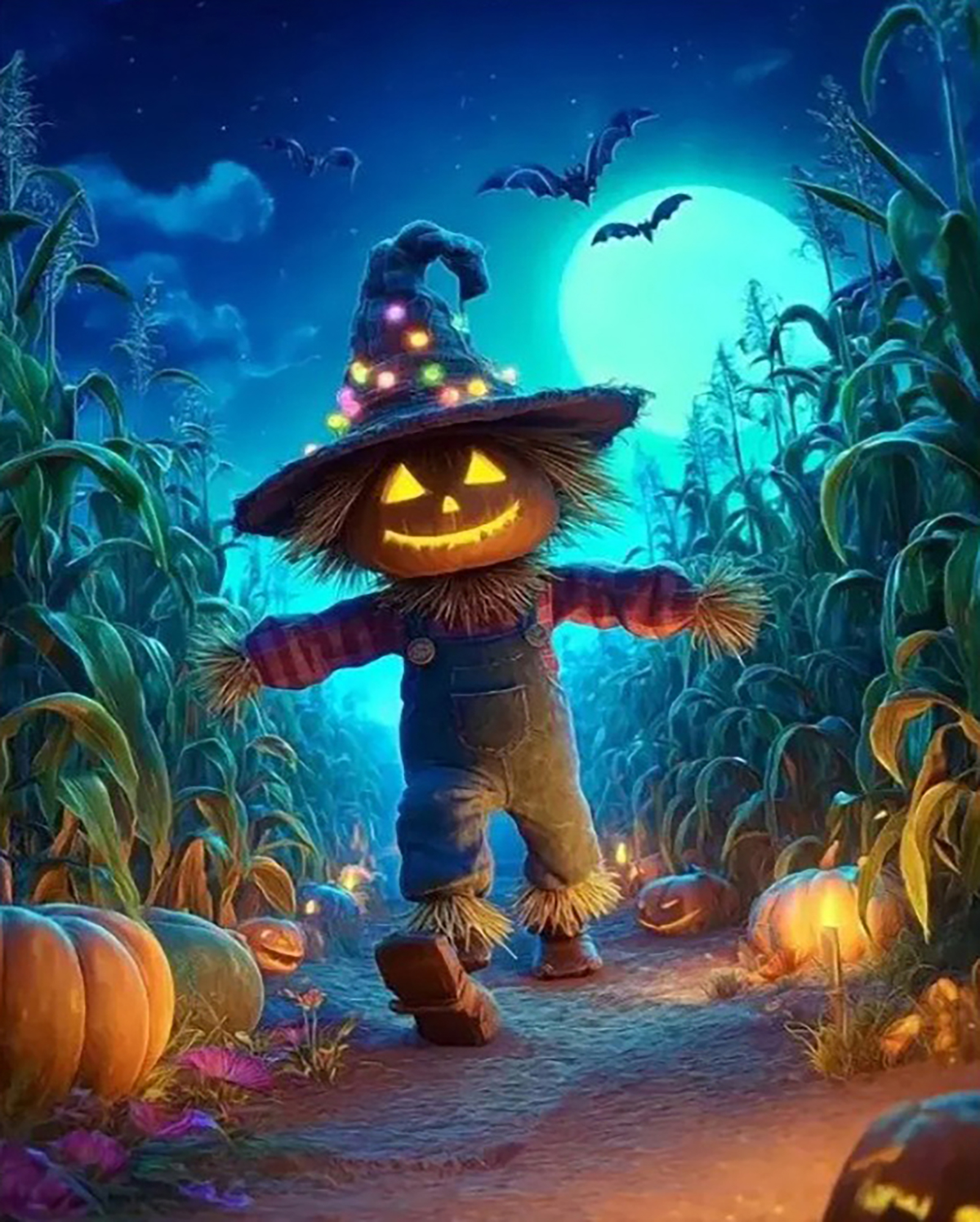 Moonlit Halloween Scarecrow original diamond painting artwork