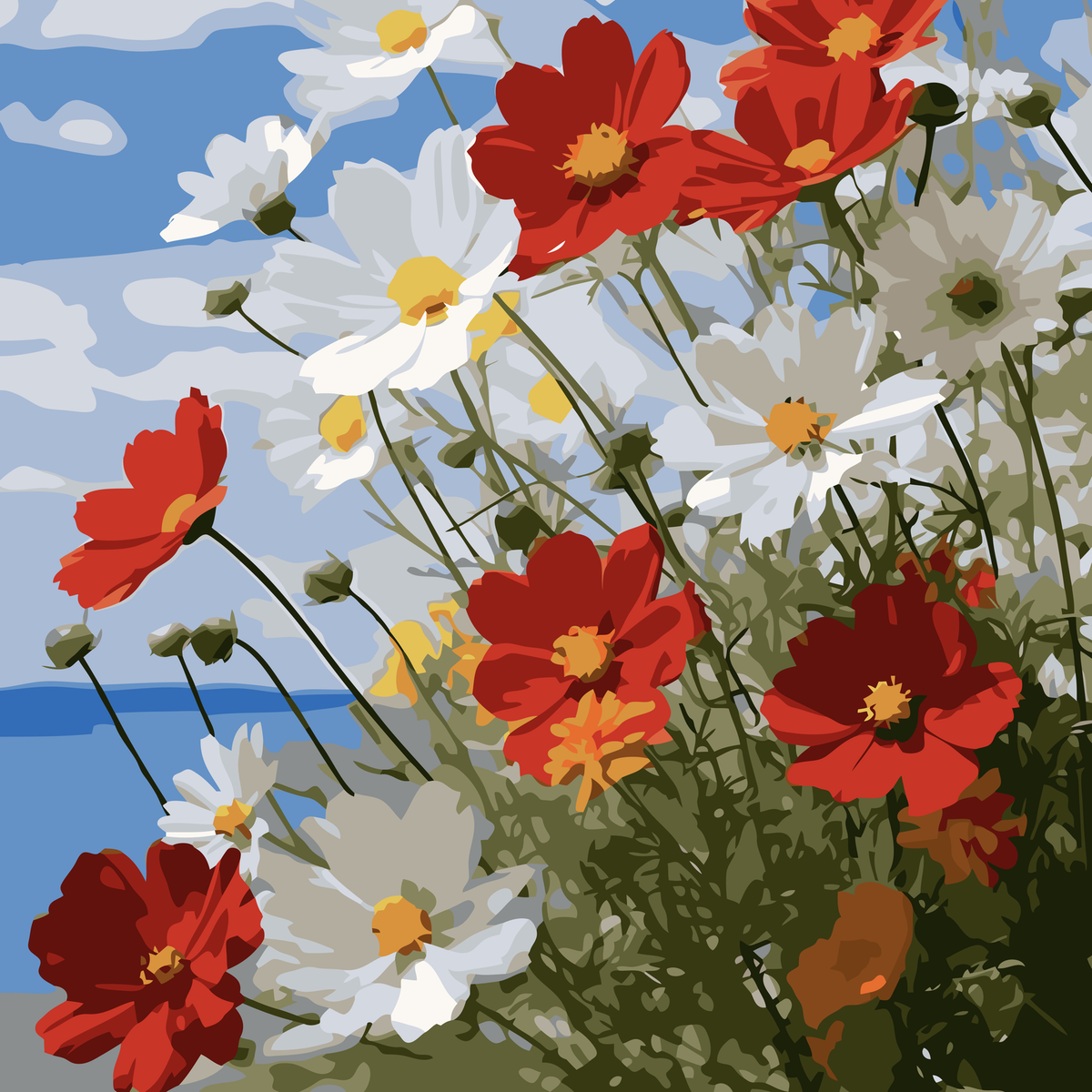Red and White Poppy Meadow Bouquet original diamond painting artwork