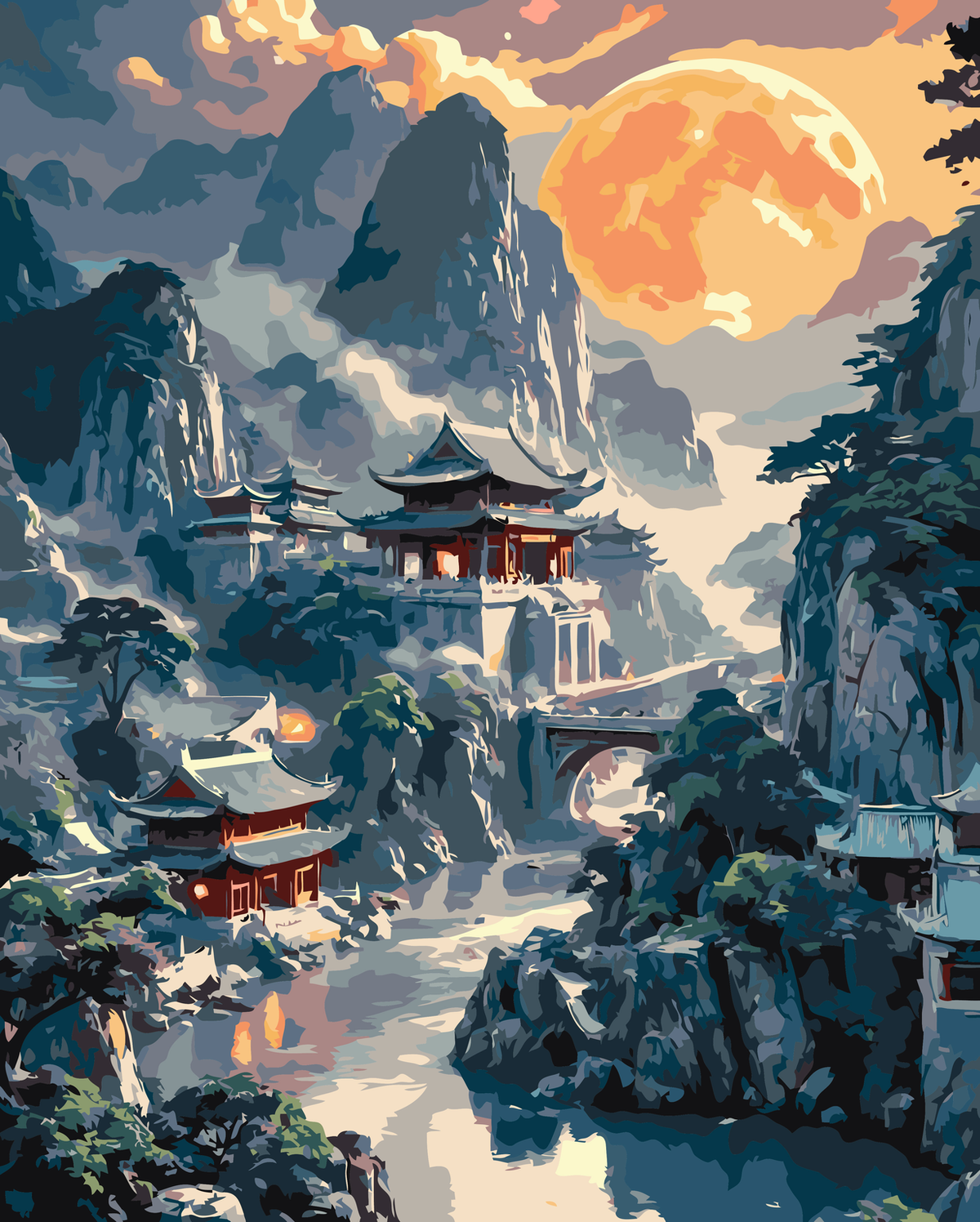 Sunset Mountain Village original diamond painting artwork