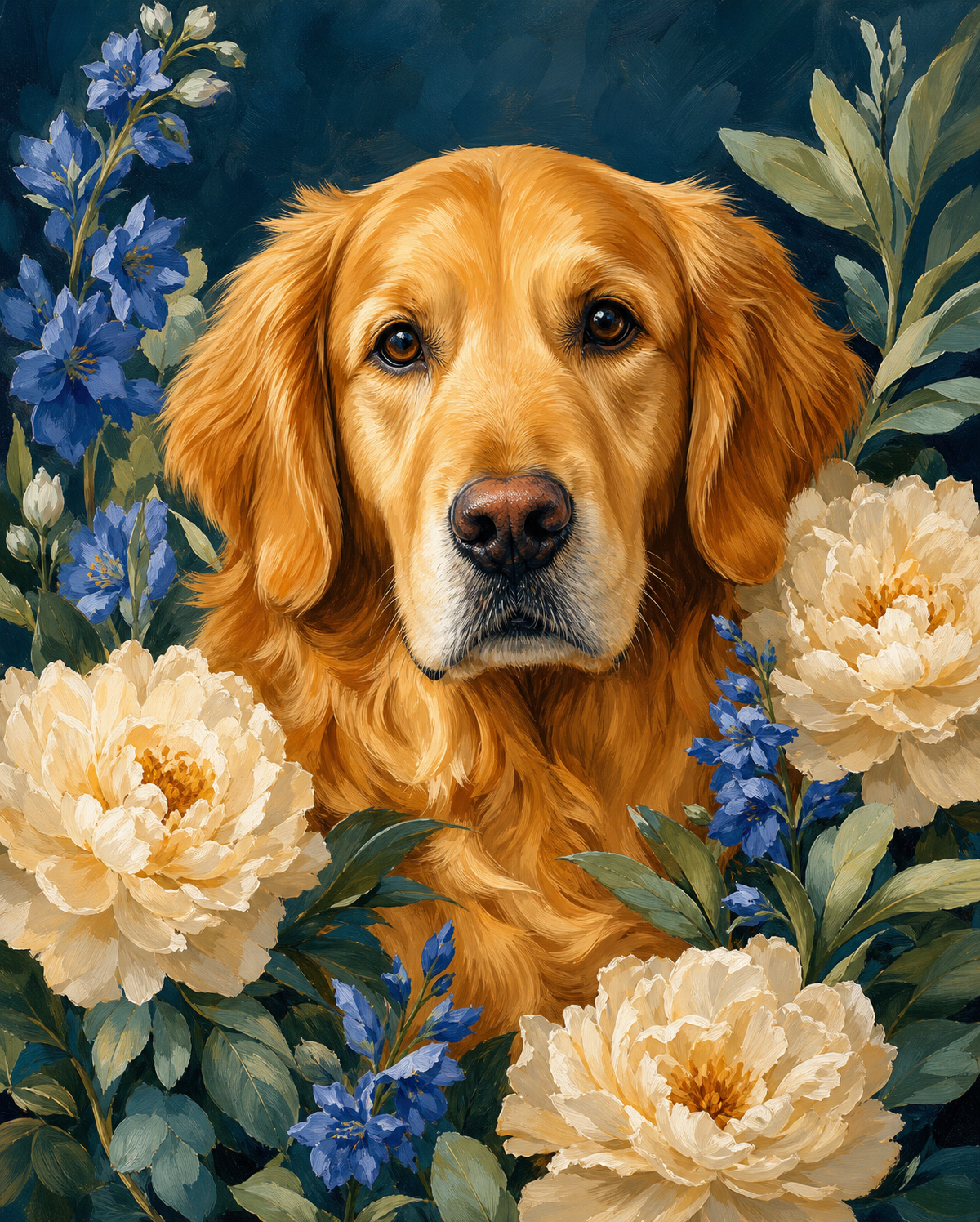 Golden Retriever Among Peonies original diamond painting artwork