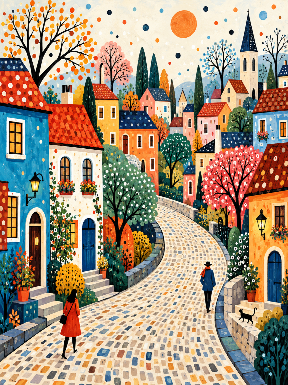 Colorful Village Street in Autumn original diamond painting artwork