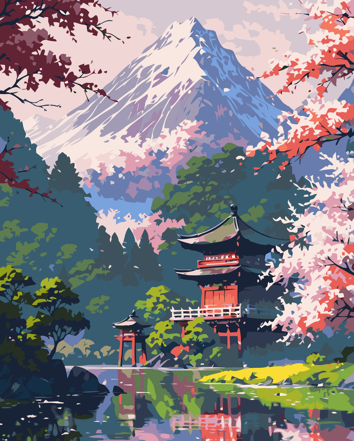 Cherry Blossom Mountain Shrine original diamond painting artwork