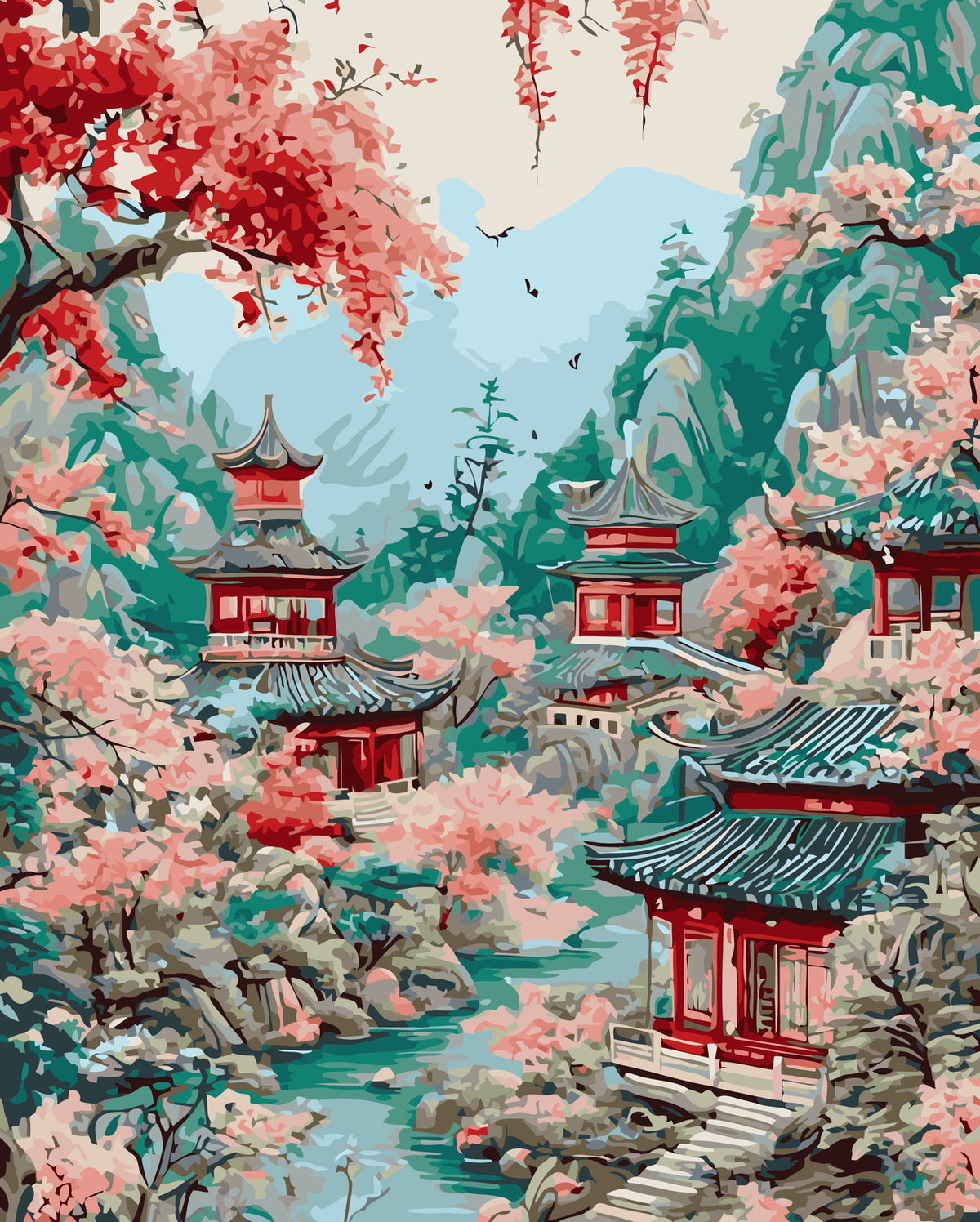 Cherry Blossom Mountain Village original diamond painting artwork