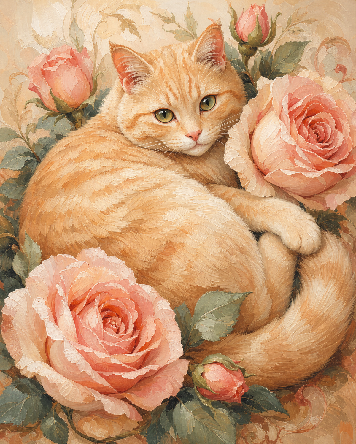 Ginger Cat Among Blush Roses original diamond painting artwork