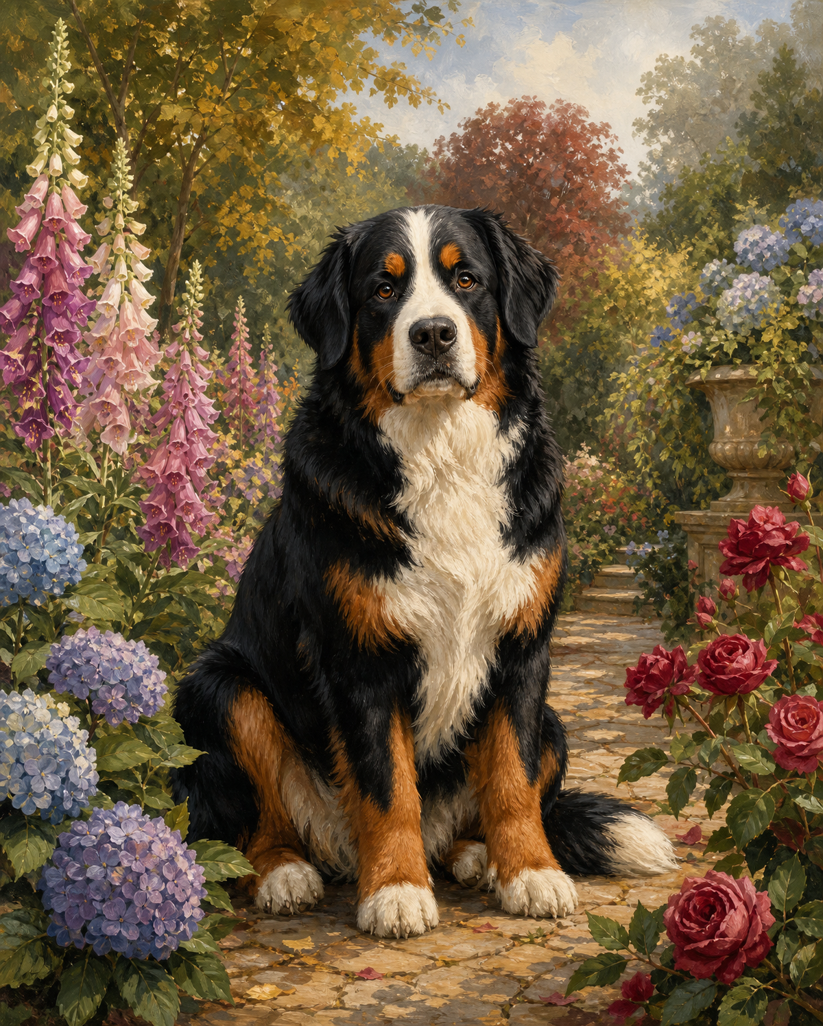 Bernese Mountain Dog Garden original diamond painting artwork