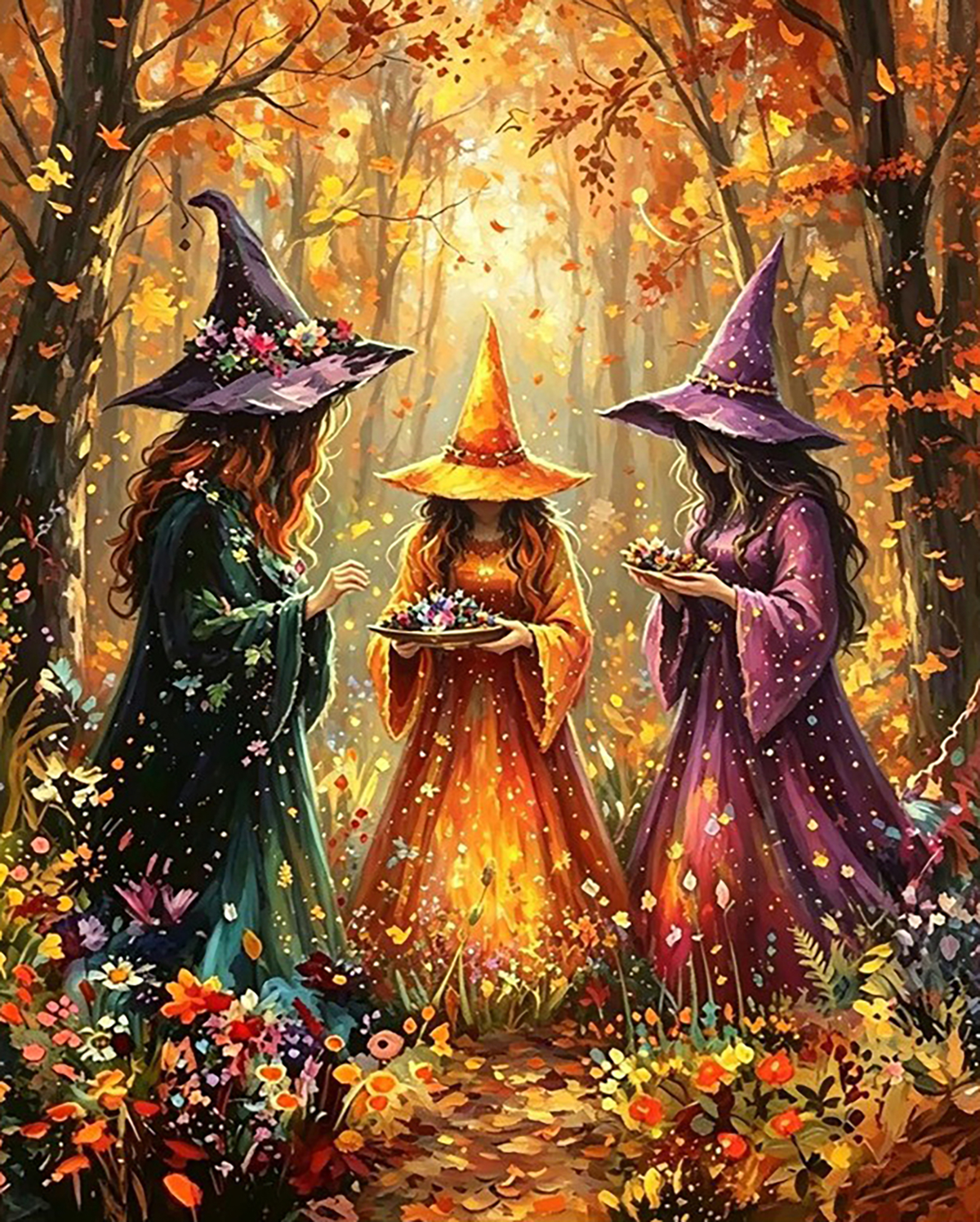 Autumn Witches in the Enchanted Forest original diamond painting artwork