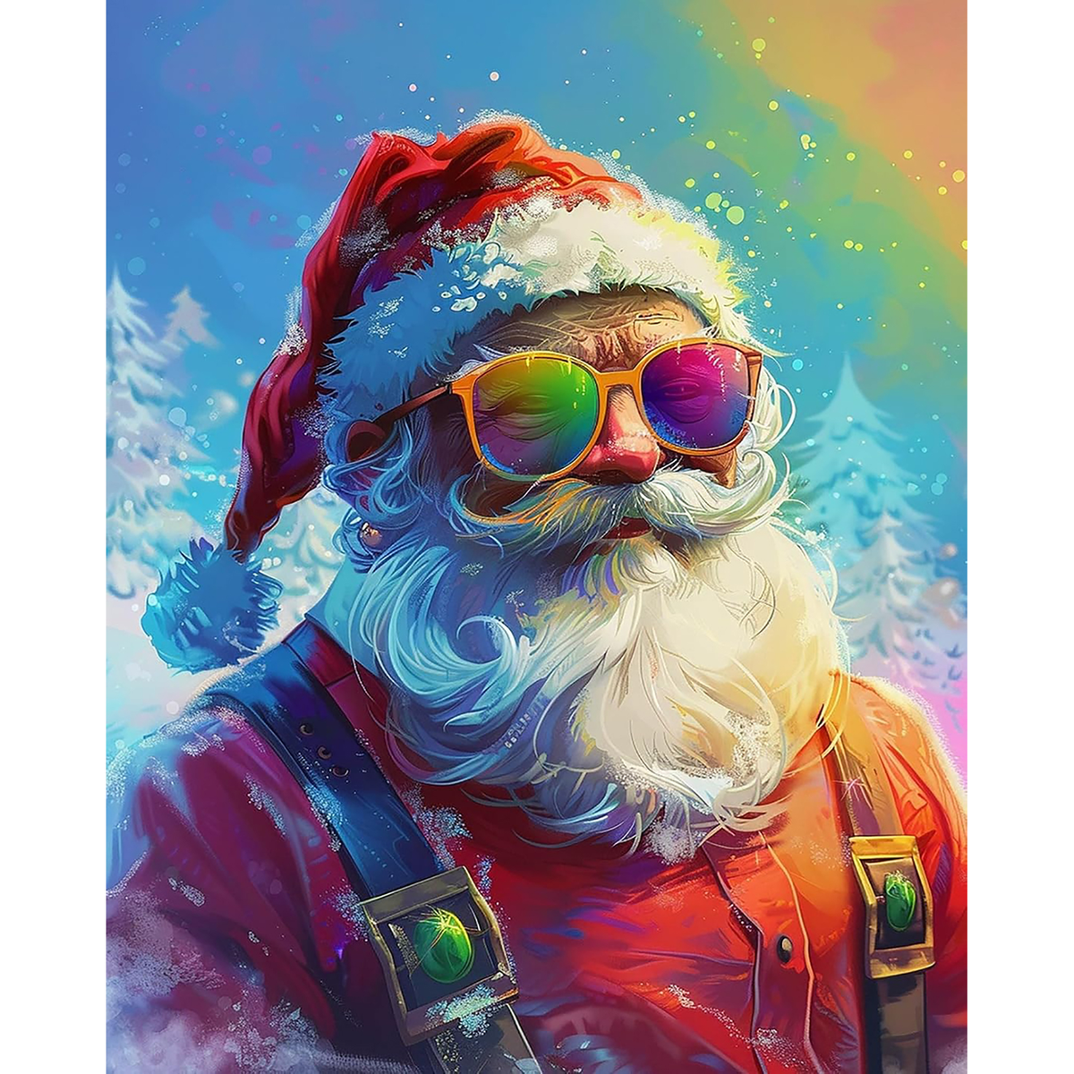 Colorful close-up Santa portrait wearing reflective sunglasses against a turquoise winter background