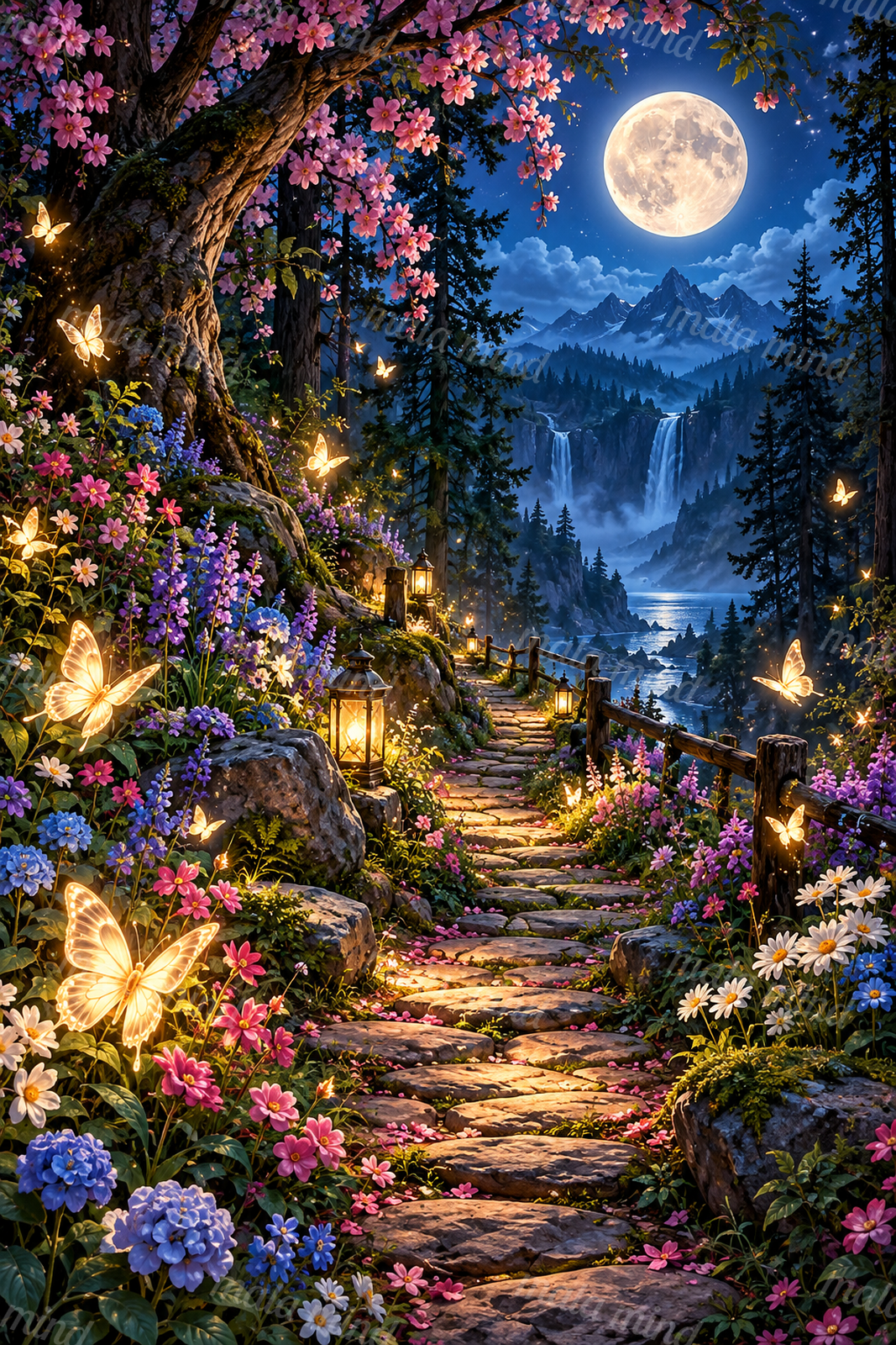 Moonlit flower garden path with glowing butterflies, waterfalls, mountains, and a full moon — 02_master_artwork