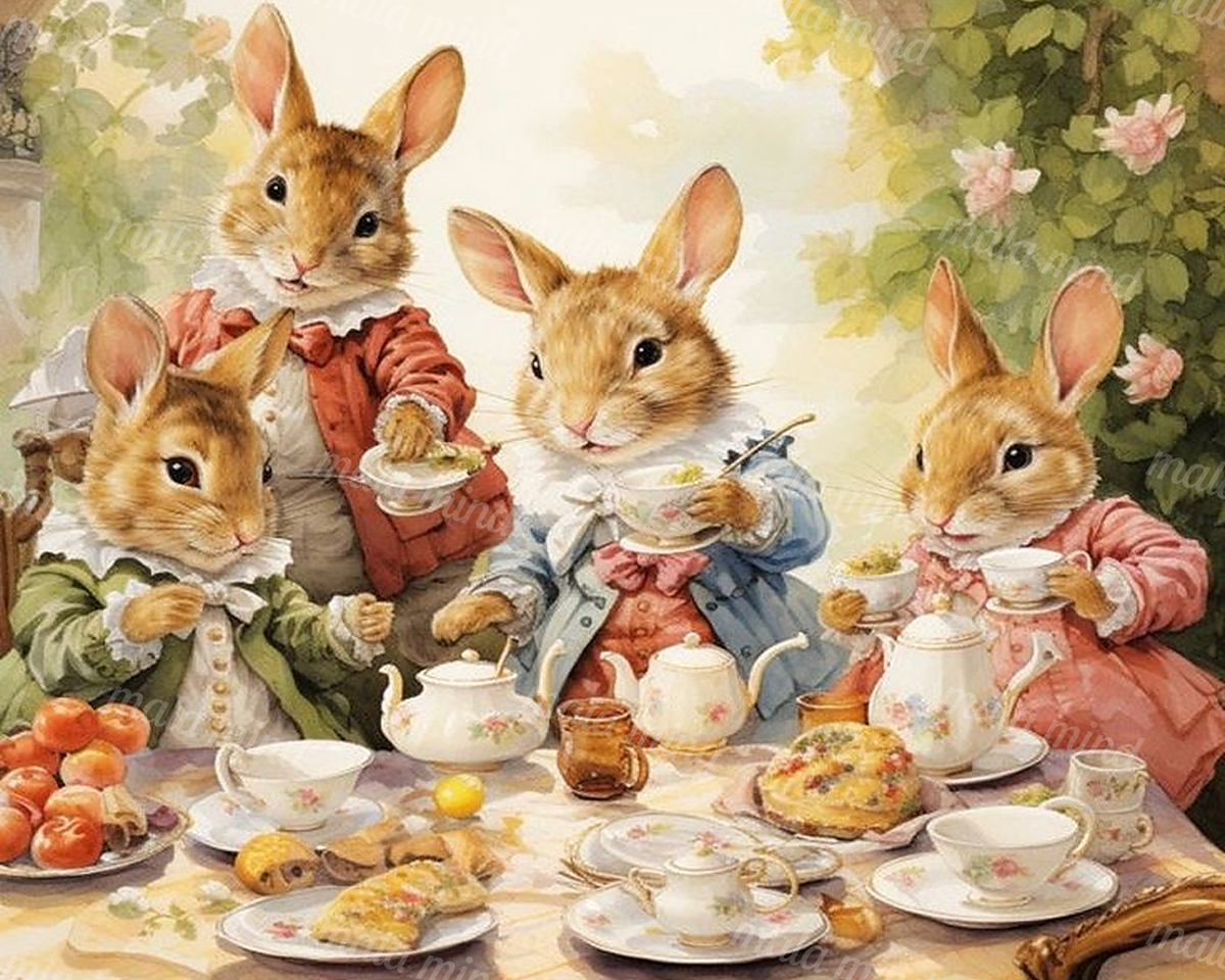 Four dressed rabbits enjoy a garden tea party with teapots, pastries, fruit, and flowers. — 02_master_artwork