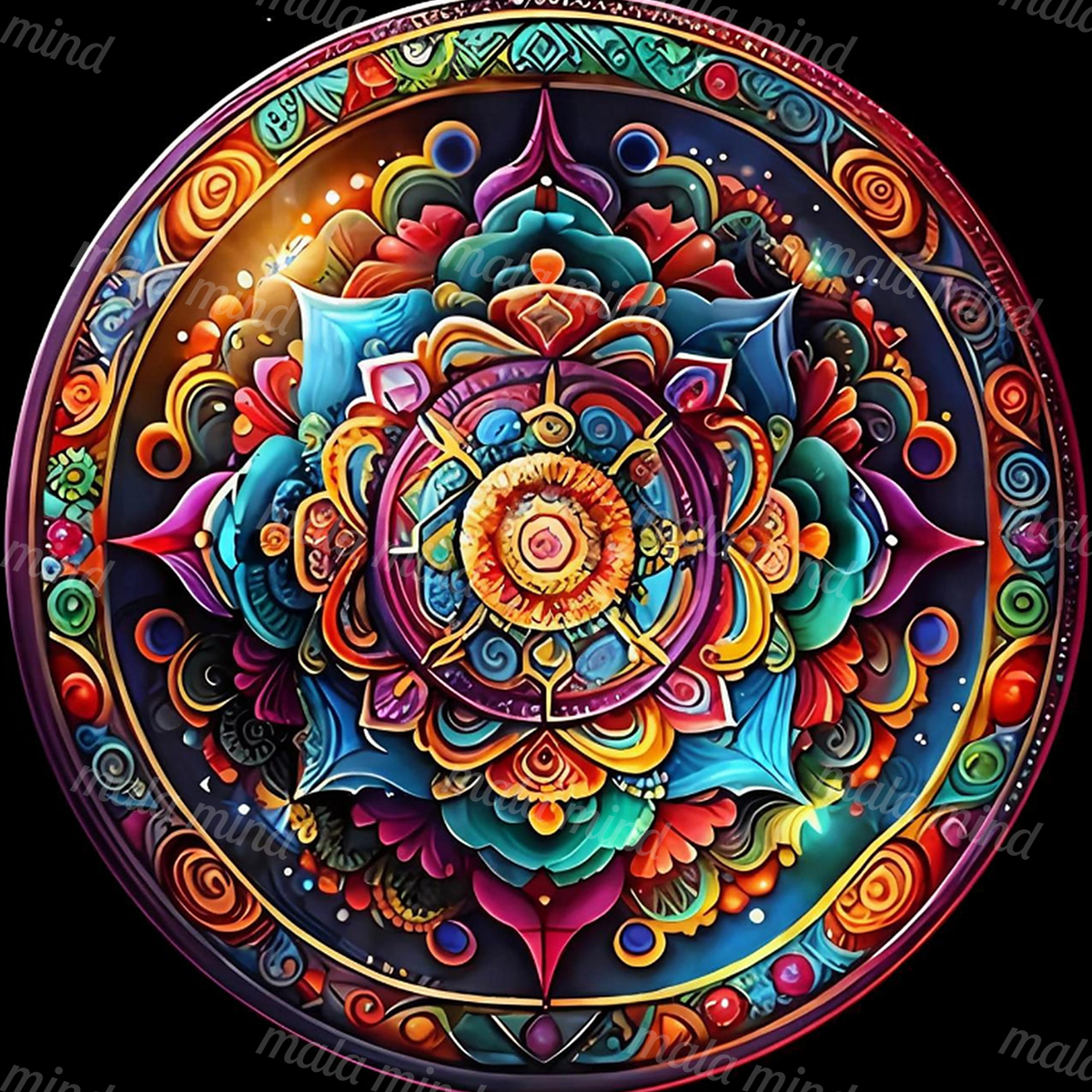 Bright circular floral mandala with colorful petals, spirals, geometric motifs, and concentric borders on black. — 02_master_artwork
