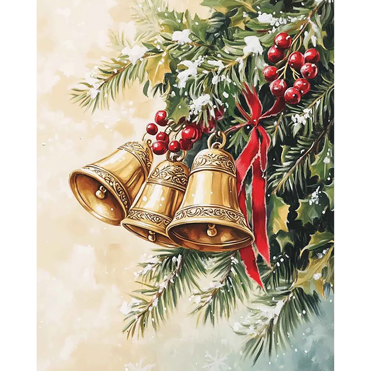 MalaMind Gallery V3 | 02 Master Artwork | CH-260921-021 | Ornate golden Christmas bells hang among evergreen branches, red berries, white blossoms, and a red ribbon.