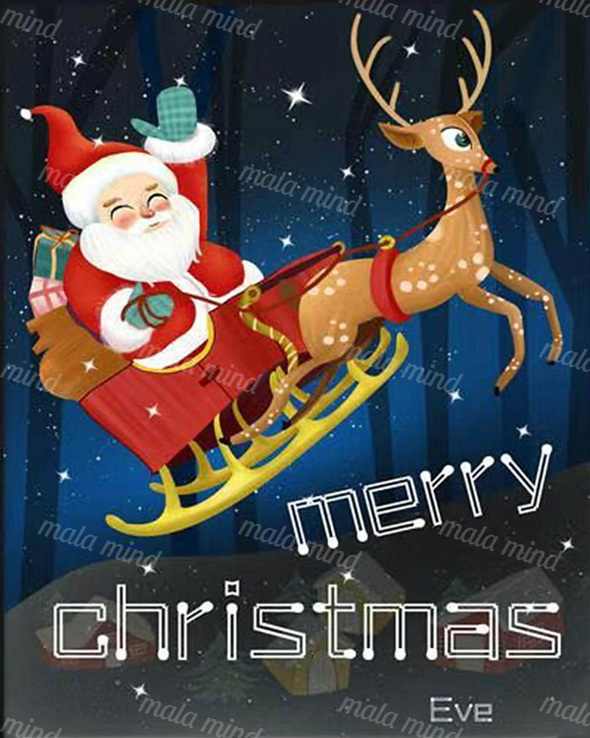 Cartoon Santa rides a red sleigh pulled by a reindeer across a starry Christmas night. — 02_master_artwork