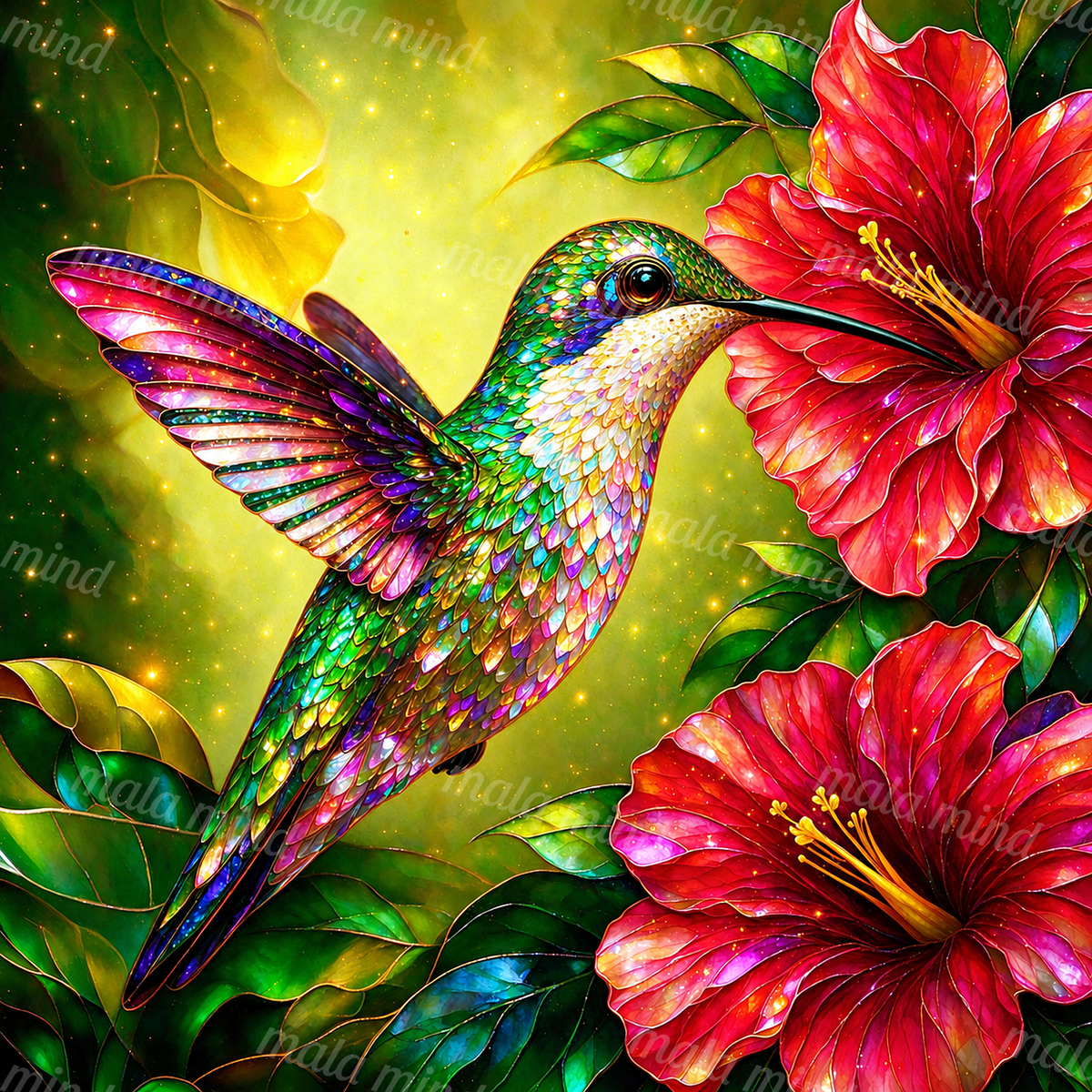 Iridescent hummingbird with a spread wing beside vivid red hibiscus flowers and layered green leaves — 02_master_artwork