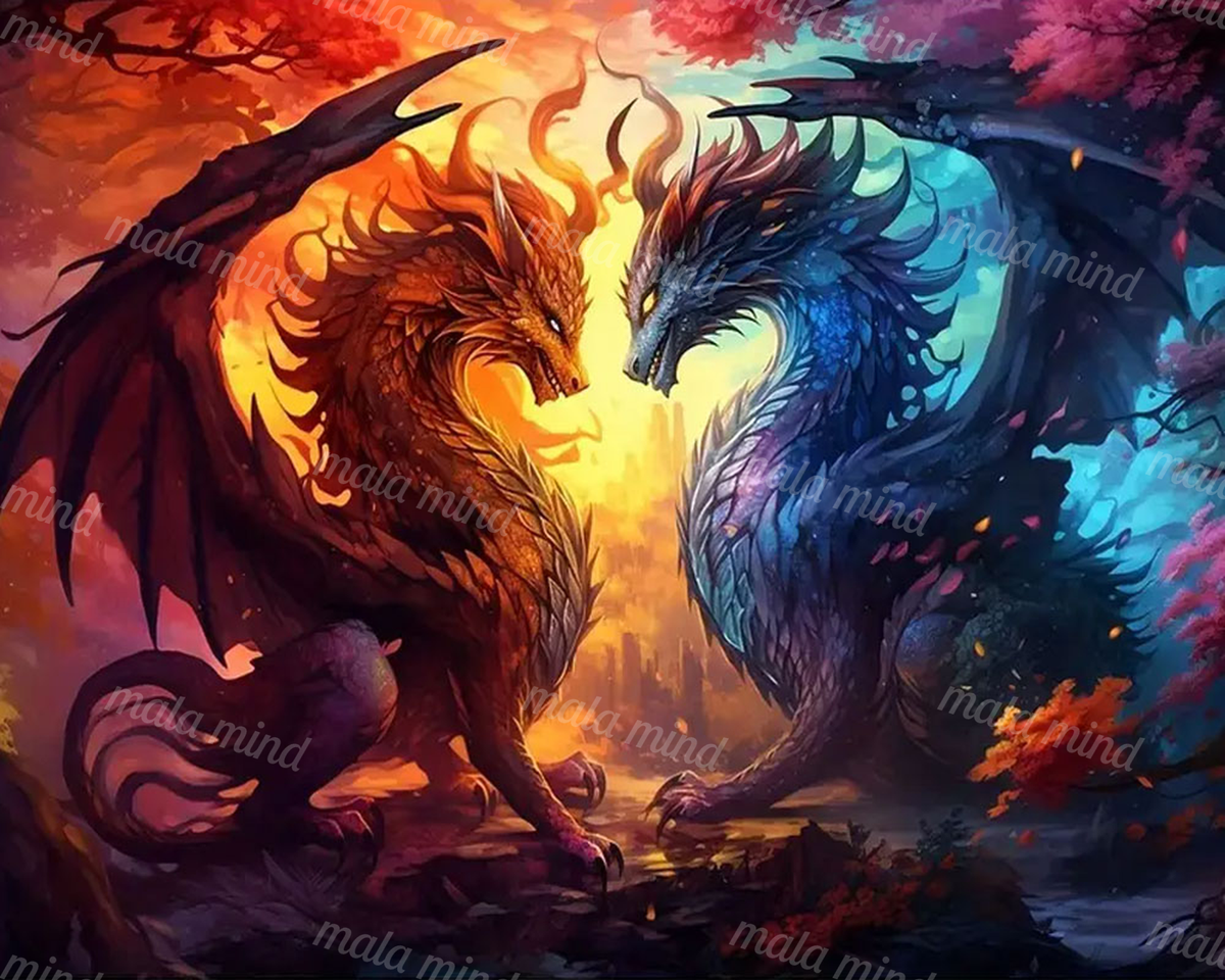 Red-orange and blue dragons face each other in a glowing, colorful fantasy forest. — 02_master_artwork
