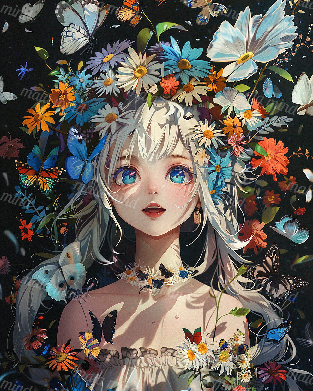 White-haired anime woman with blue eyes surrounded by colorful flowers and butterflies — 02_master_artwork