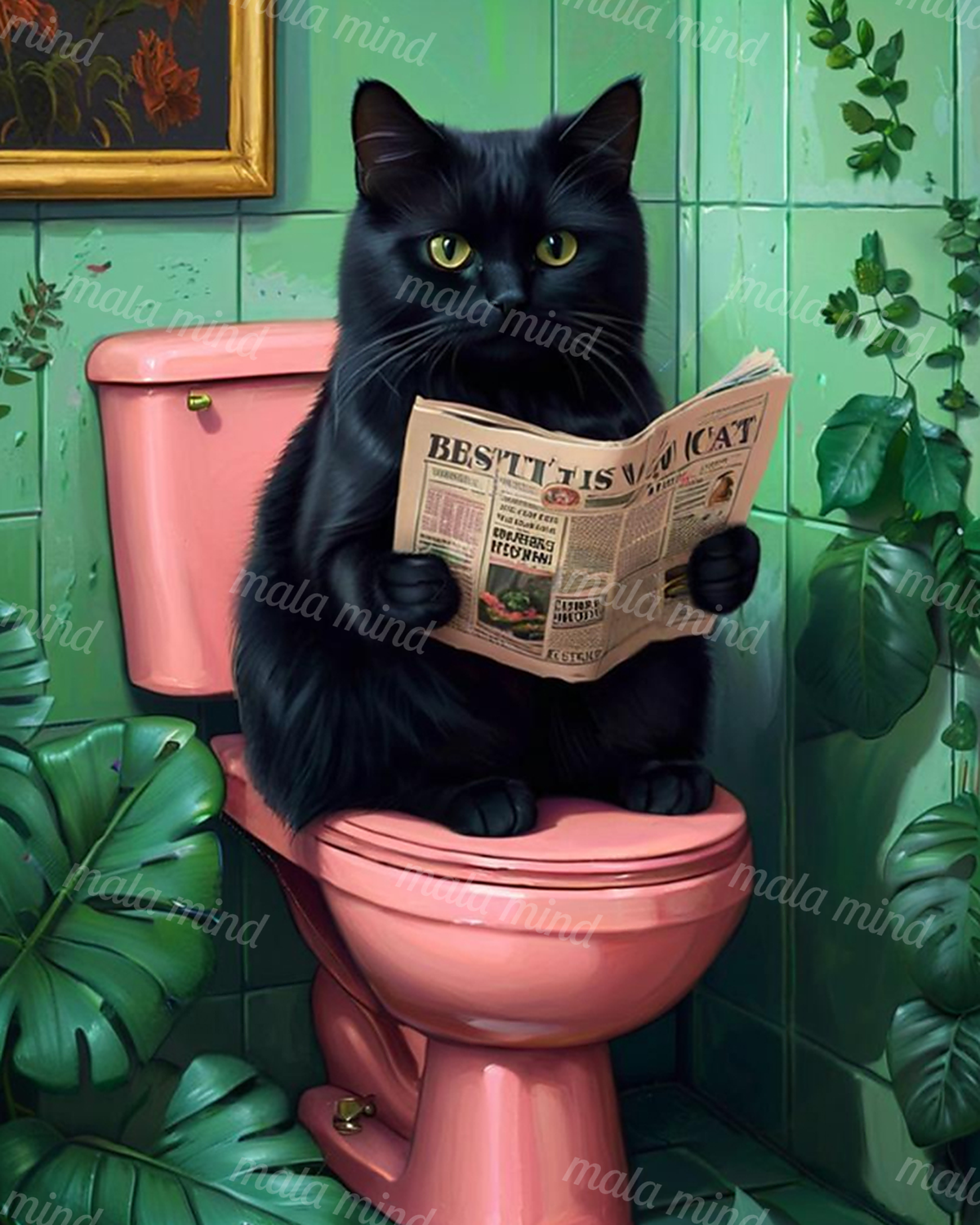 Black cat reading a newspaper while seated on a pink toilet in a leafy green bathroom. — 02_master_artwork