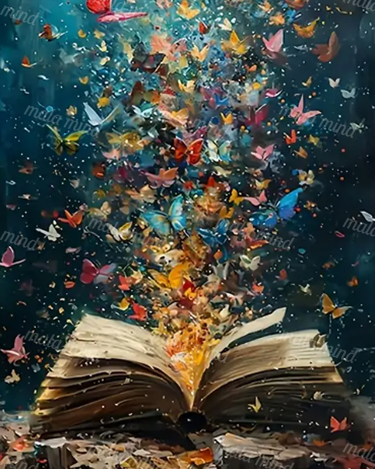 Open book releasing a colorful swarm of butterflies against a deep teal background — 02_master_artwork