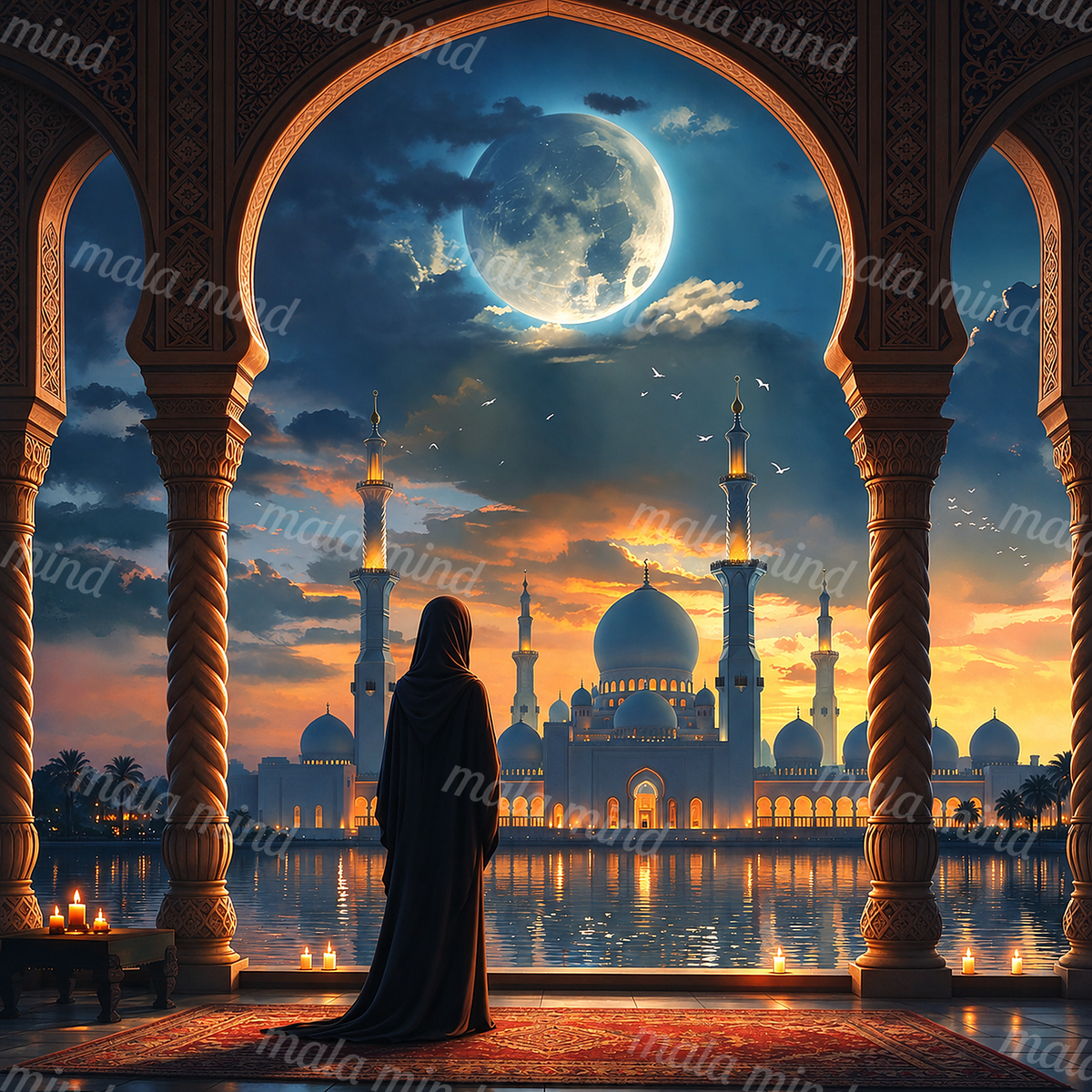 Veiled figure beneath ornate arches facing a glowing domed mosque across reflective water — 02_master_artwork