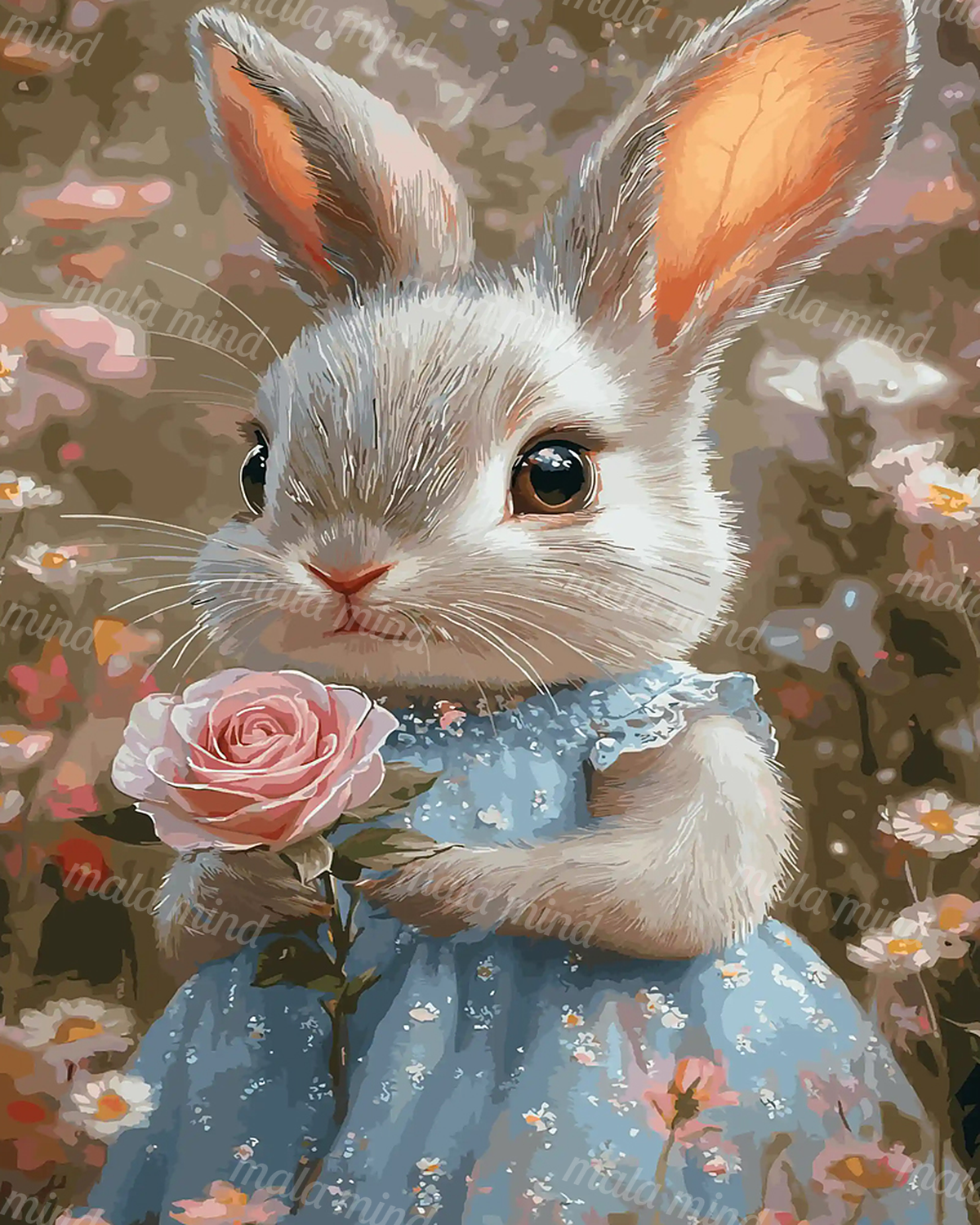 Gray-and-white rabbit in a blue floral dress holding a pink rose — 02_master_artwork